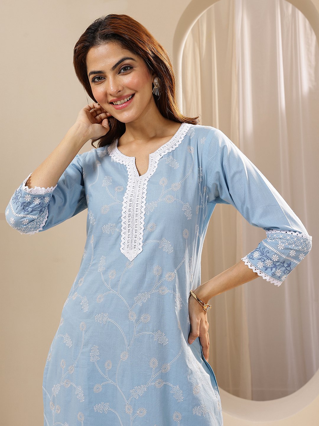 Blue Embroidered Cotton Straight Kurta, Trousers and Dupatta Set