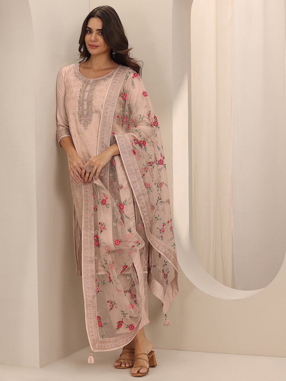 Taupe Self Design Silk Blend Straight Kurta, Trousers and Dupatta Set
