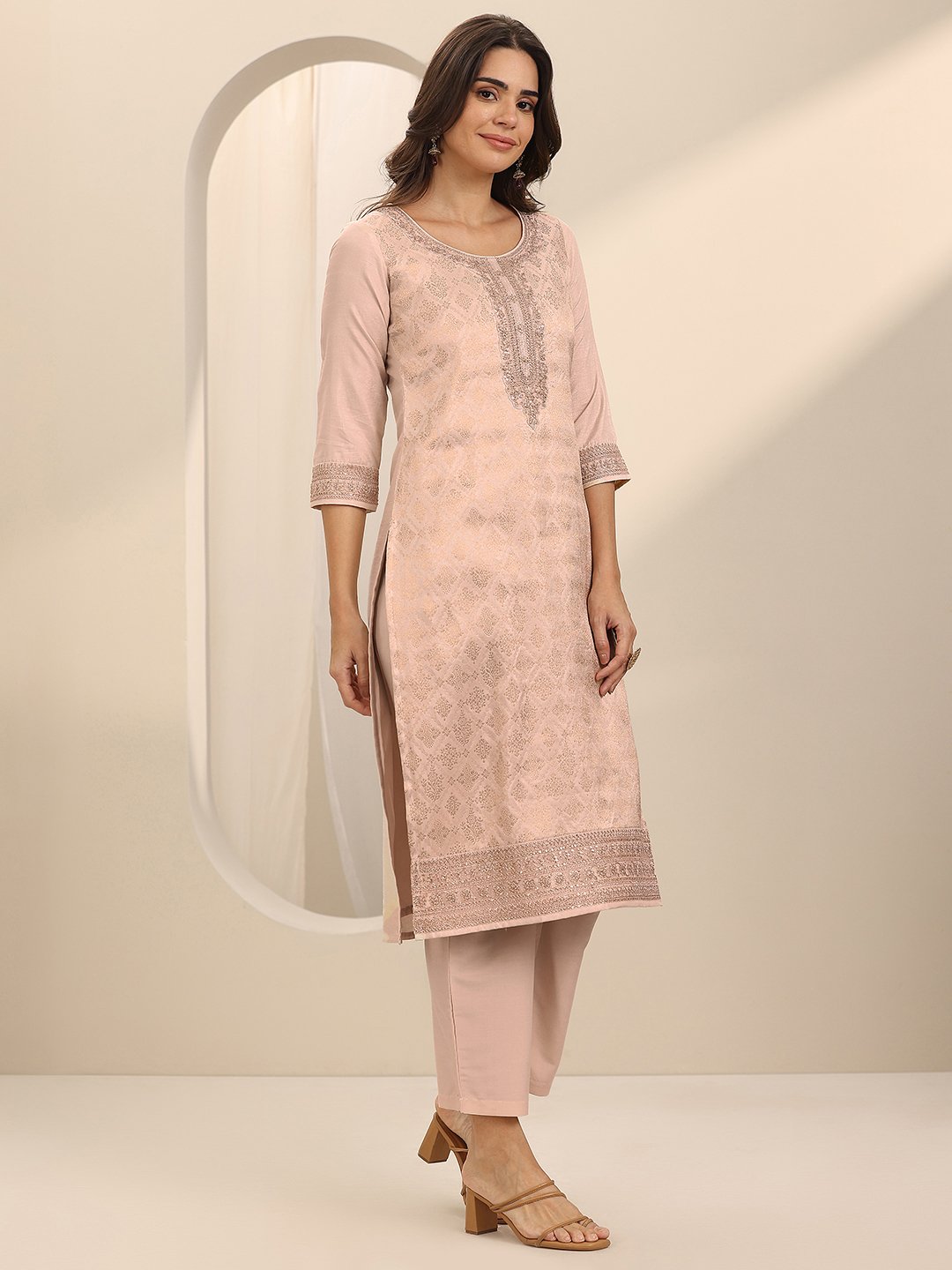 Taupe Self Design Silk Blend Straight Kurta, Trousers and Dupatta Set