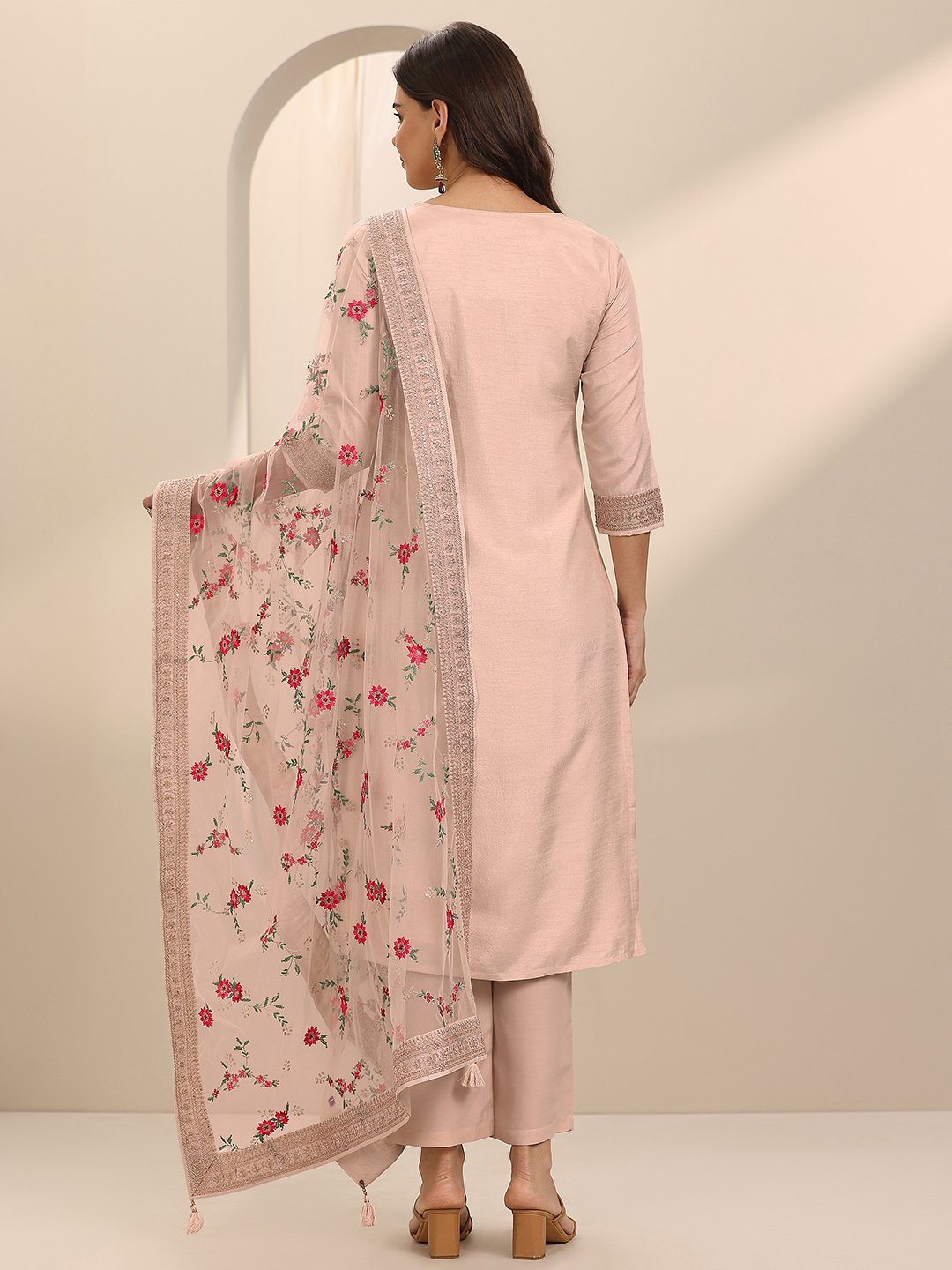 Taupe Self Design Silk Blend Straight Kurta, Trousers and Dupatta Set