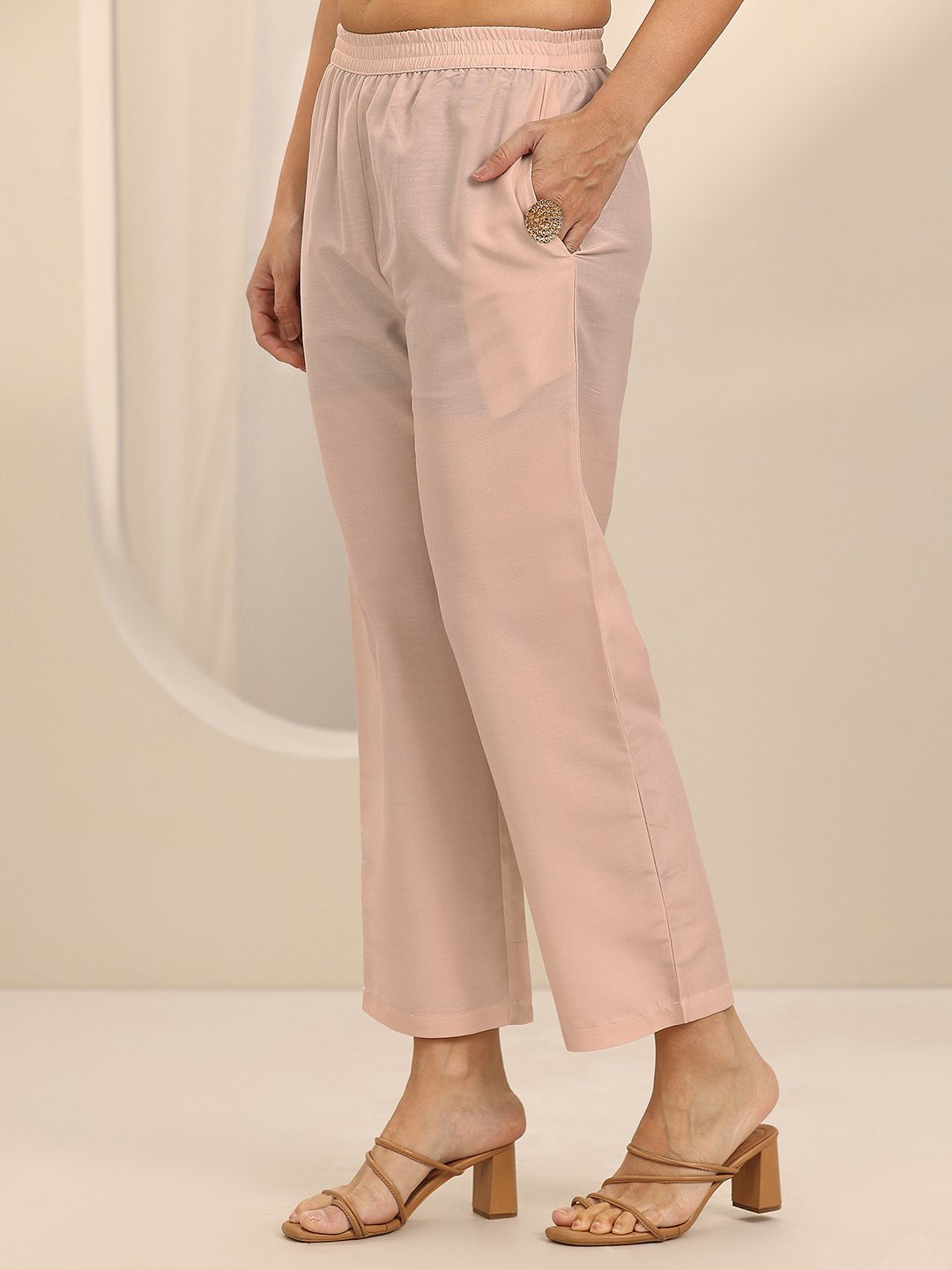 Taupe Self Design Silk Blend Straight Kurta, Trousers and Dupatta Set