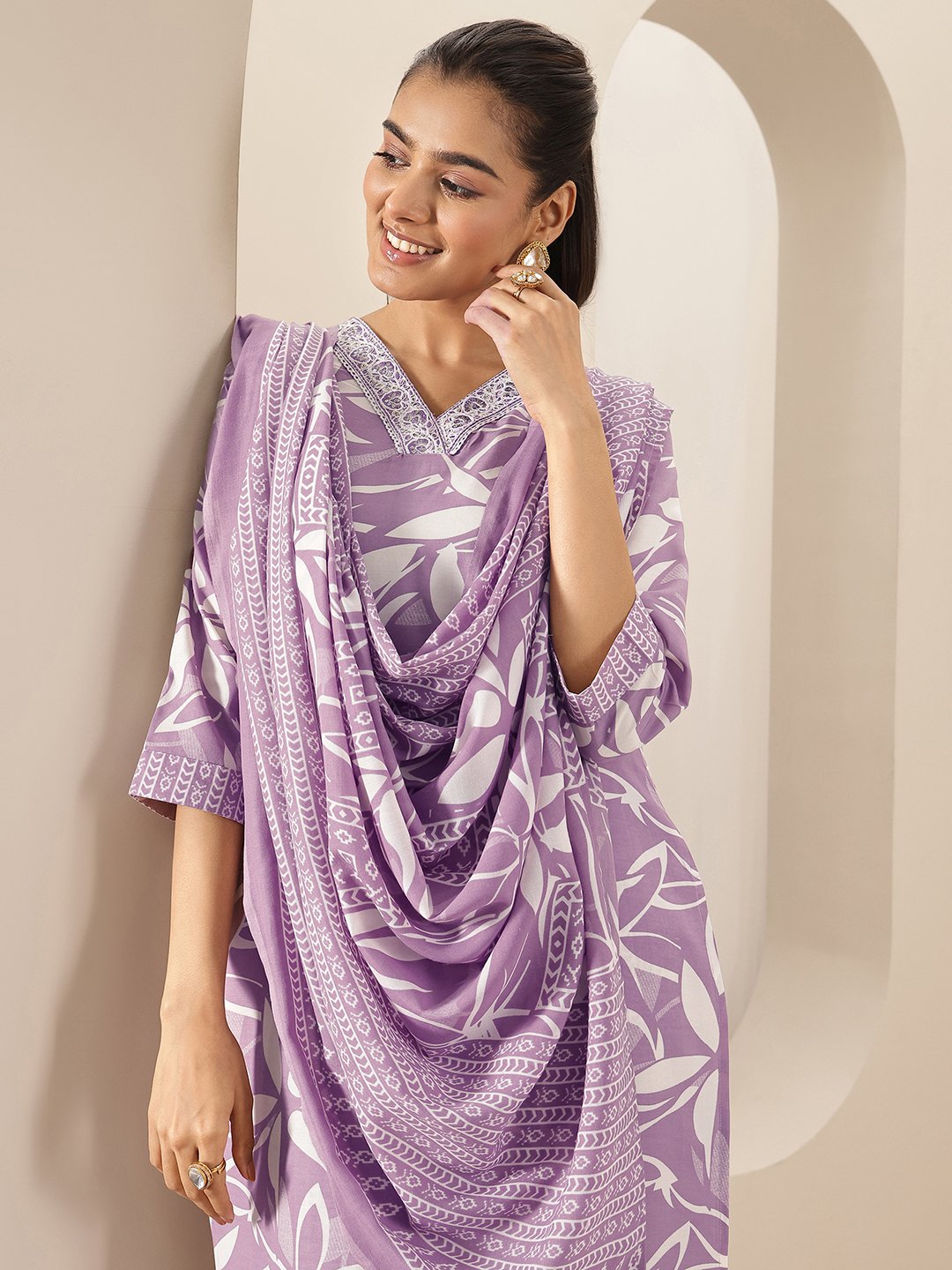 Mauve Printed Cotton Blend Straight Kurta, Trousers and Dupatta Set