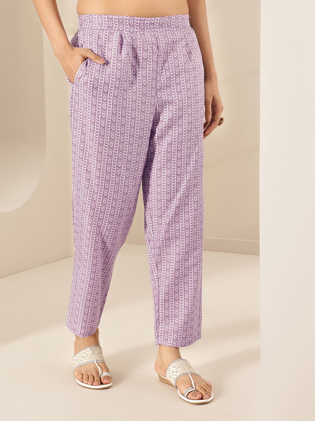 Mauve Printed Cotton Blend Straight Kurta, Trousers and Dupatta Set