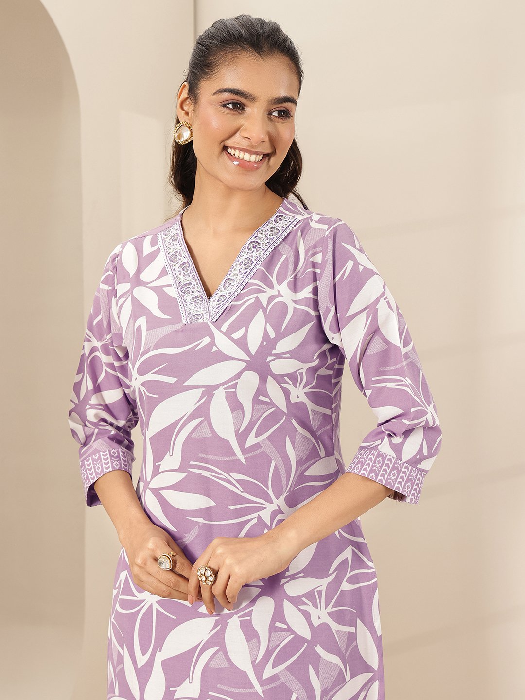 Mauve Printed Cotton Blend Straight Kurta, Trousers and Dupatta Set