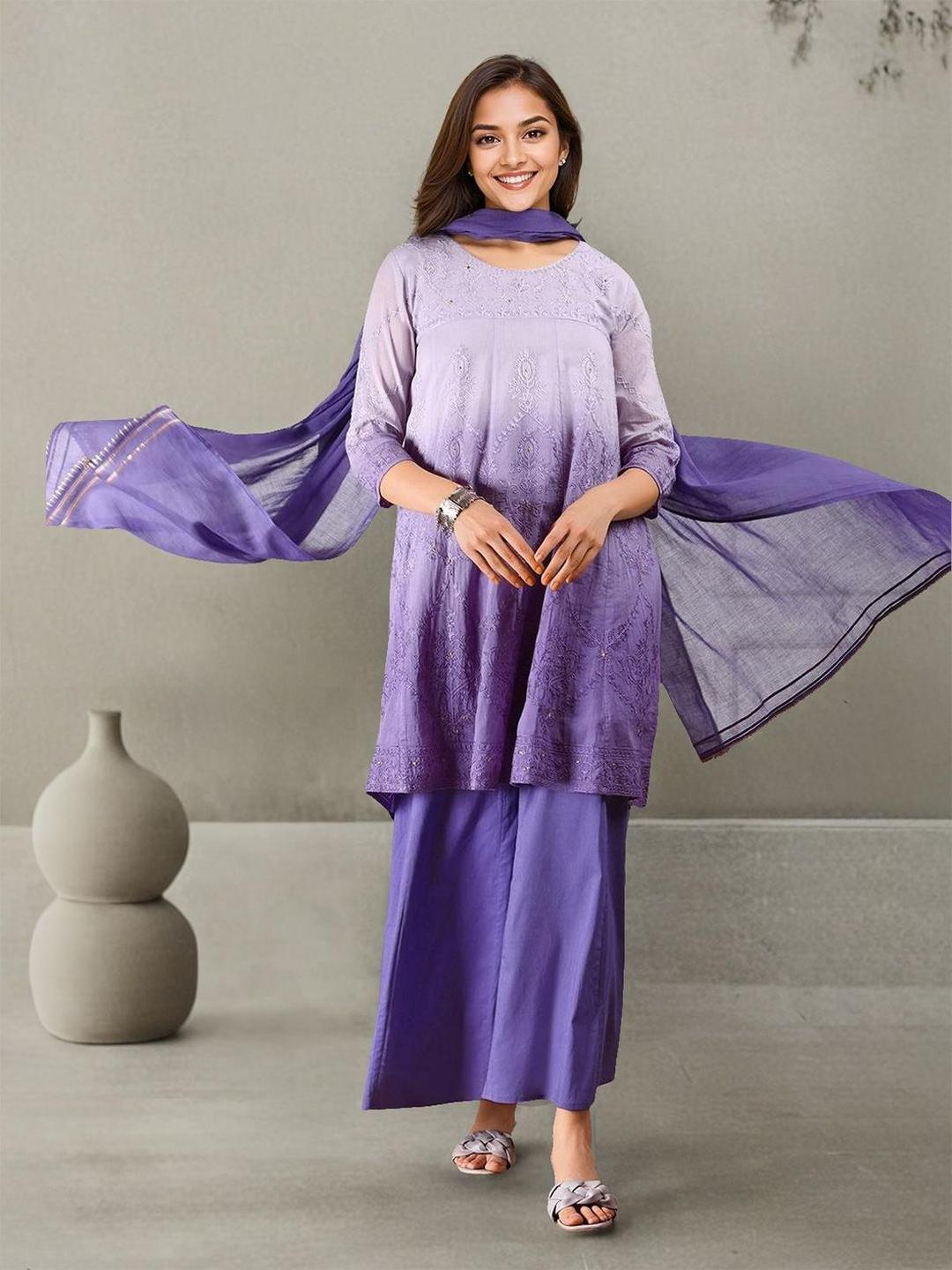 3-Piece Ombre Look Cotton Straight Kurta, Pants and Dupatta Set