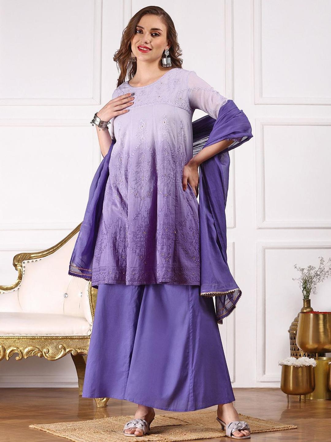 3-Piece Ombre Look Cotton Straight Kurta, Pants and Dupatta Set
