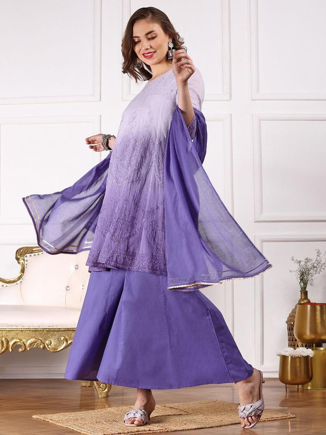 3-Piece Ombre Look Cotton Straight Kurta, Pants and Dupatta Set
