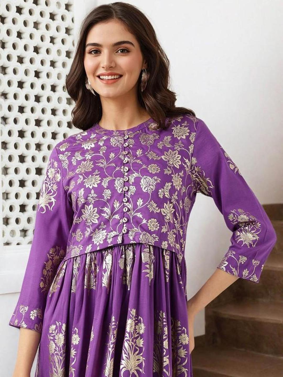 Foil Print A-Line Kurta and Pants Set