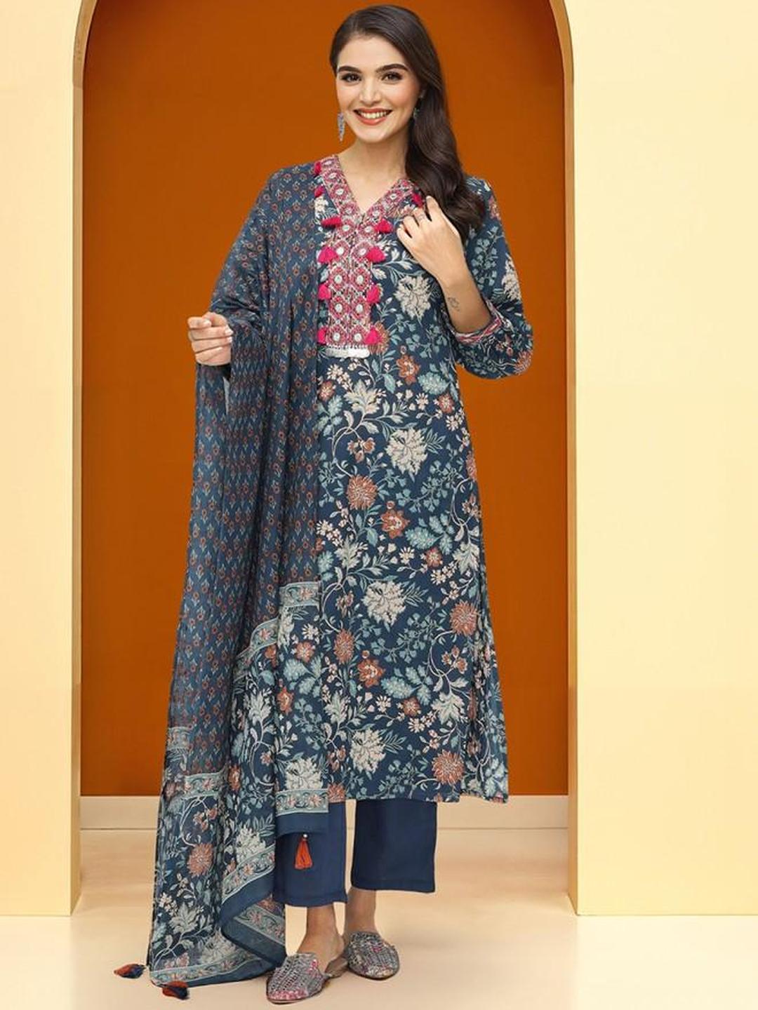 3-Piece Cotton Printed Tassel Detail Kurta, Pants and Dupatta Set