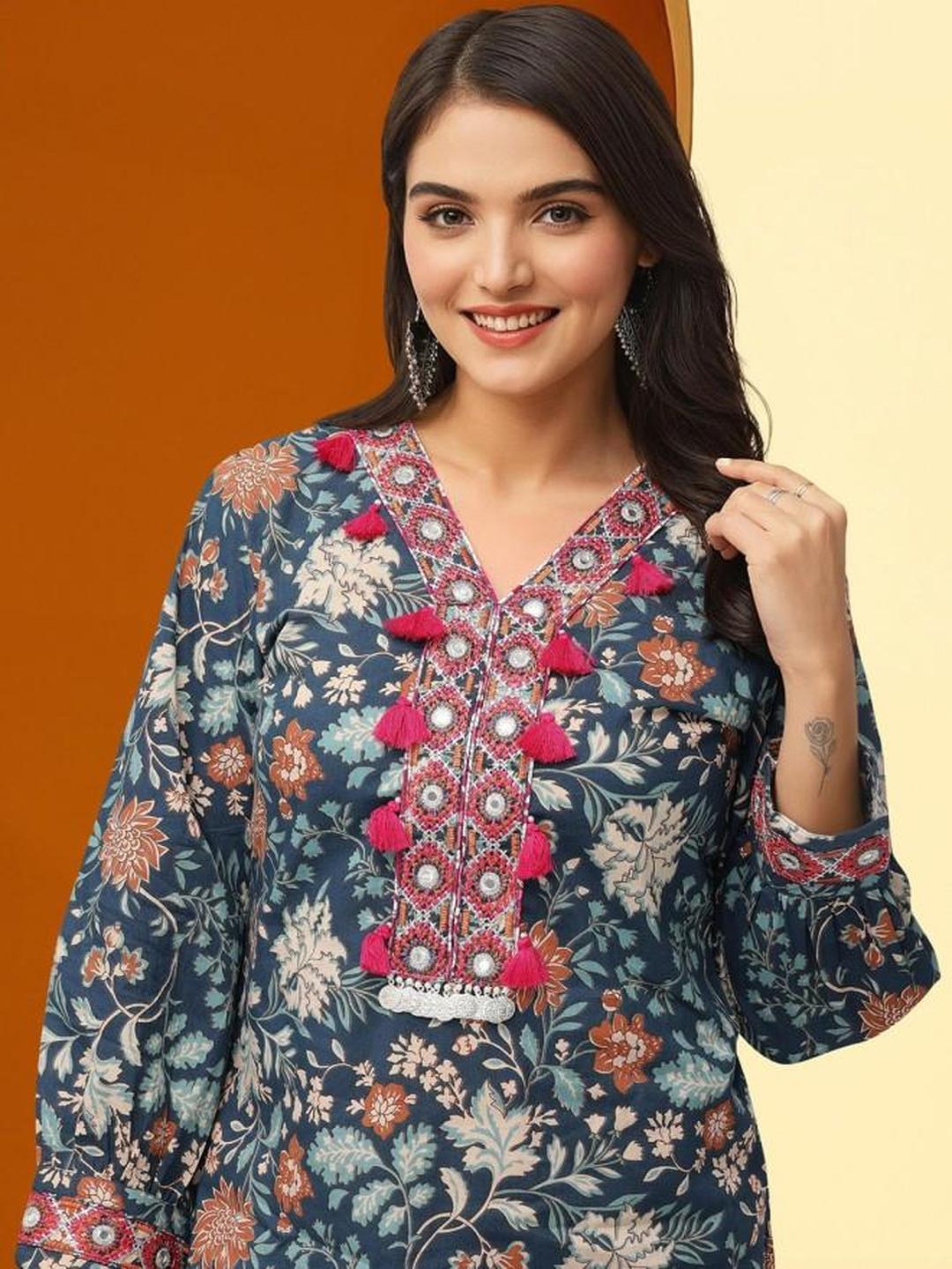 3-Piece Cotton Printed Tassel Detail Kurta, Pants and Dupatta Set