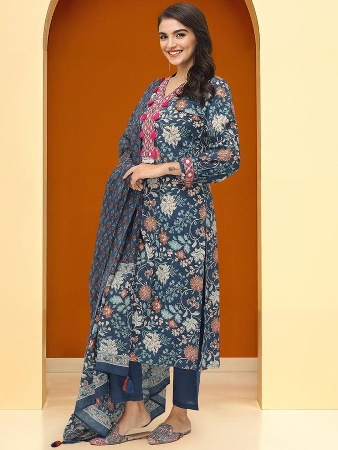 3-Piece Cotton Printed Tassel Detail Kurta, Pants and Dupatta Set
