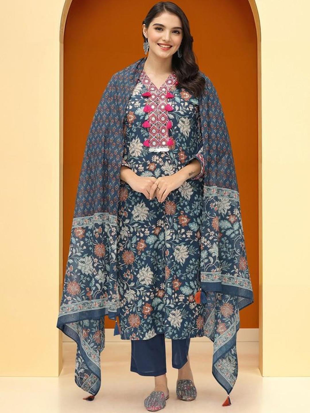3-Piece Cotton Printed Tassel Detail Kurta, Pants and Dupatta Set