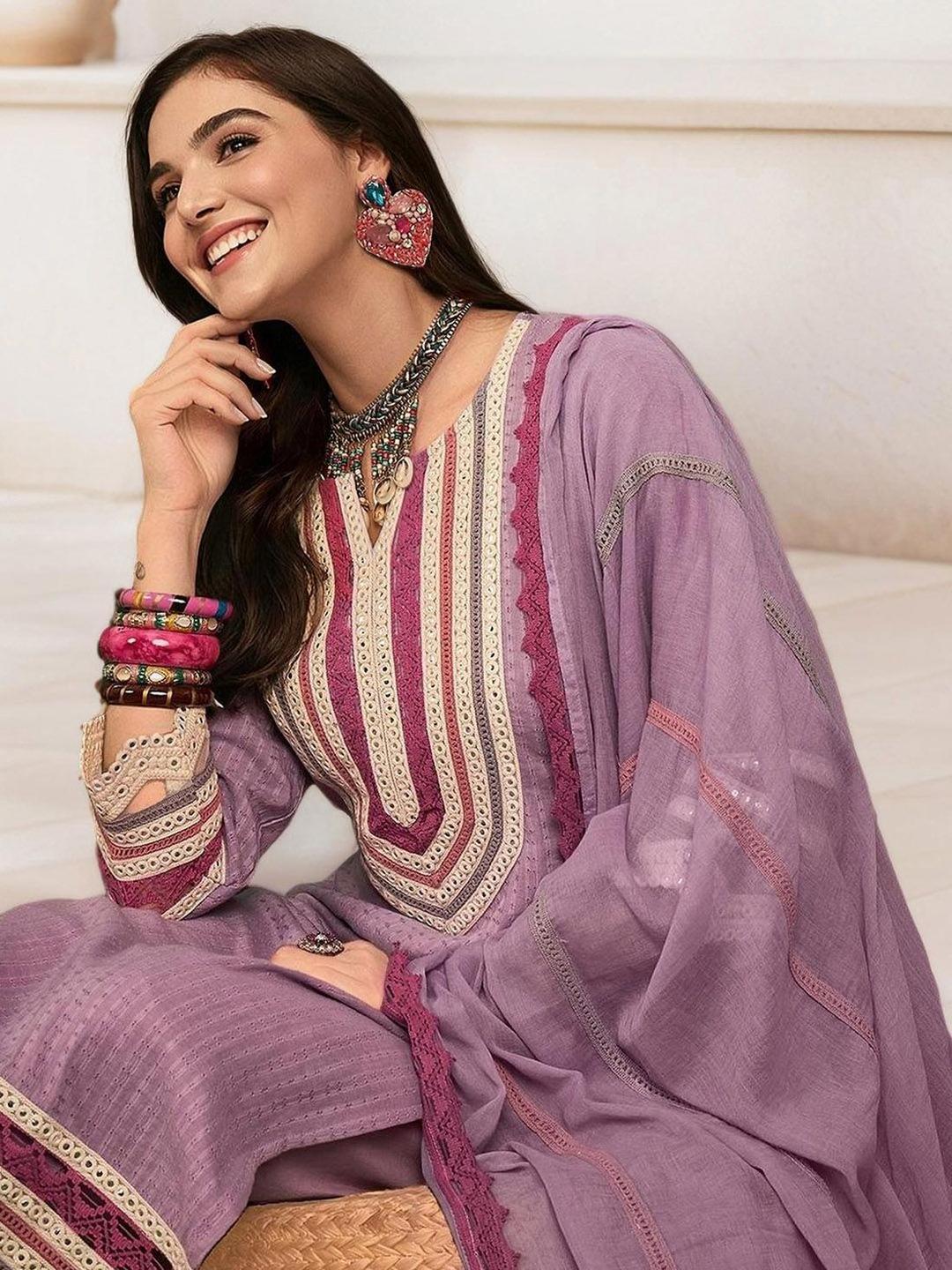 Cotton Mirror-Work Tunic Casual Straight Fit Kurta Set