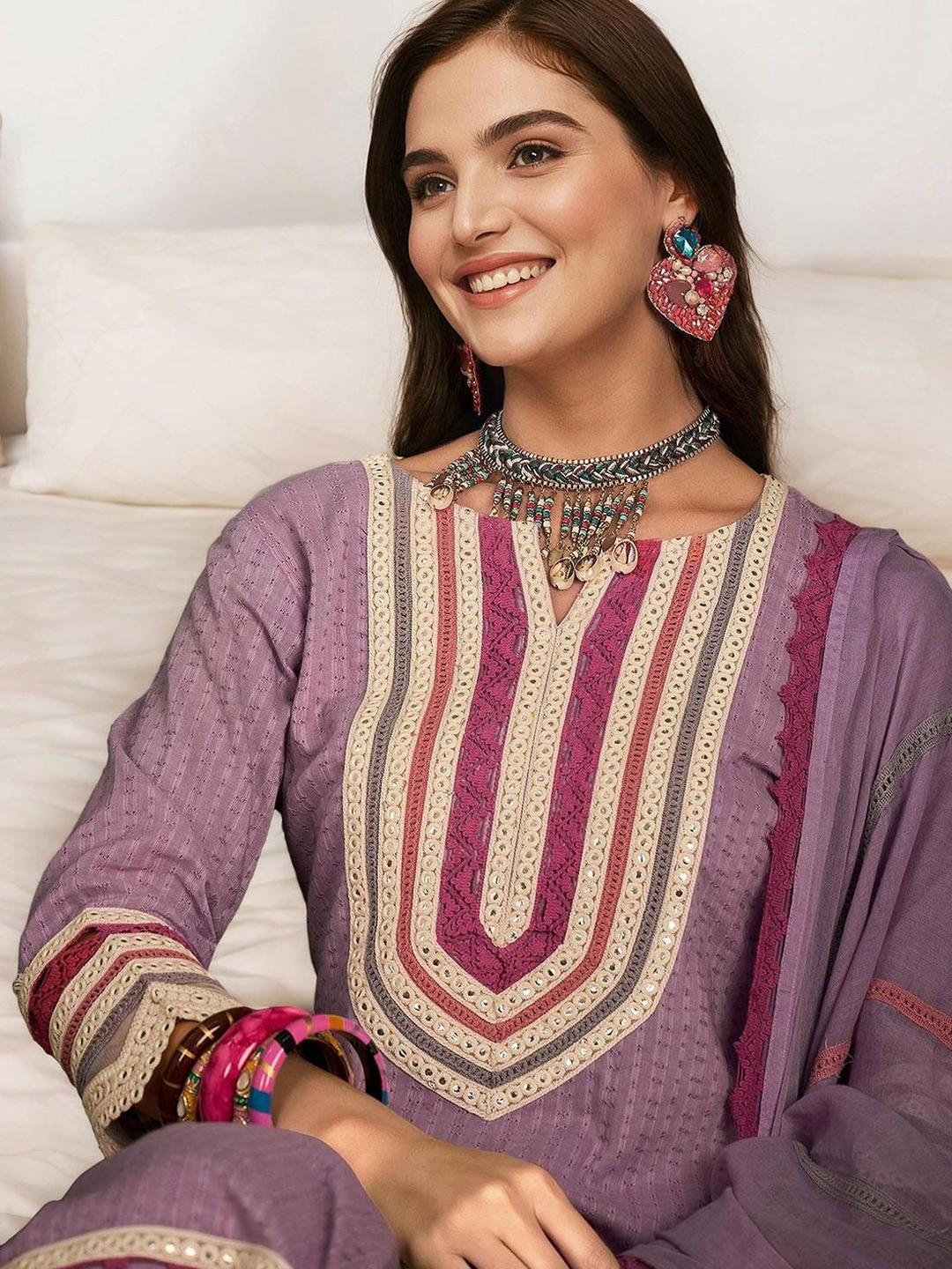 Cotton Mirror-Work Tunic Casual Straight Fit Kurta Set