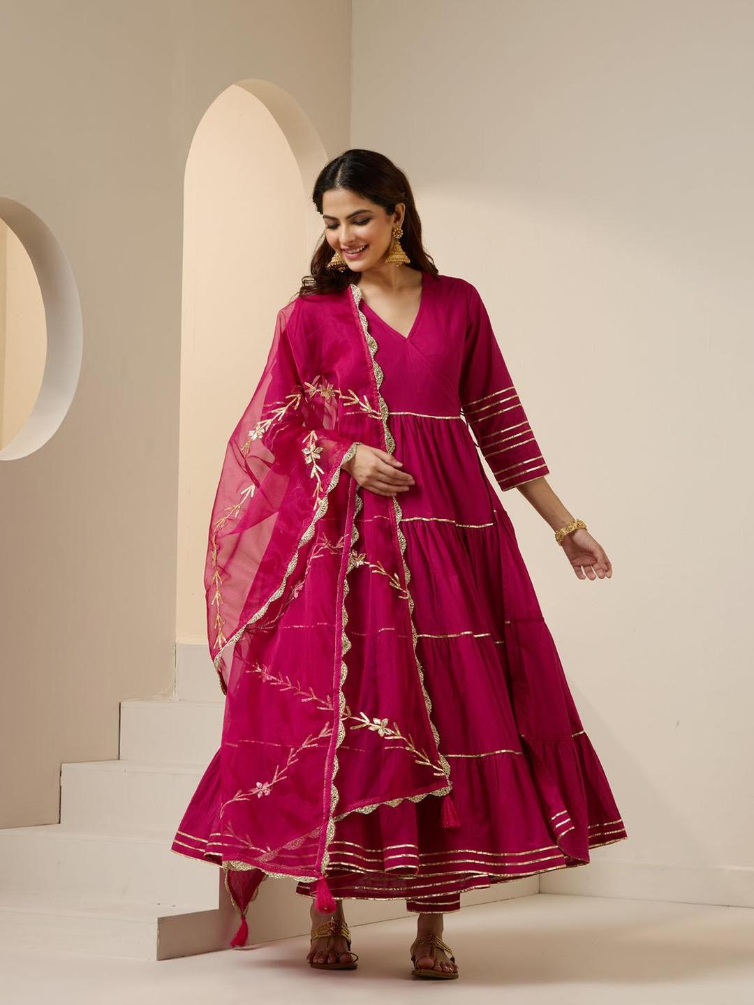 Gotta Patti Pure Cotton V-Neck Anarkali Kurta, Palazzos And Dupatta Set