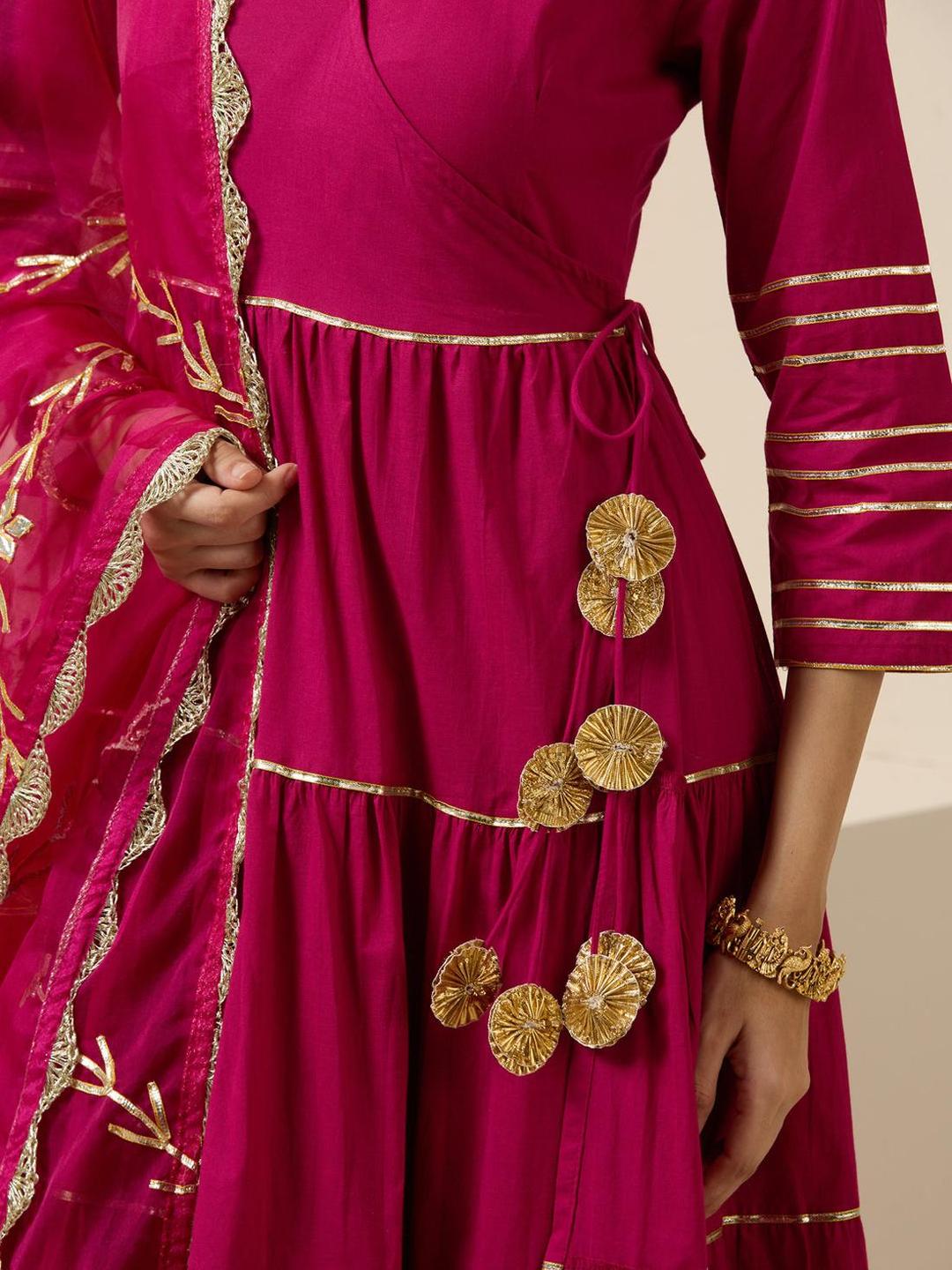 Gotta Patti Pure Cotton V-Neck Anarkali Kurta, Palazzos And Dupatta Set
