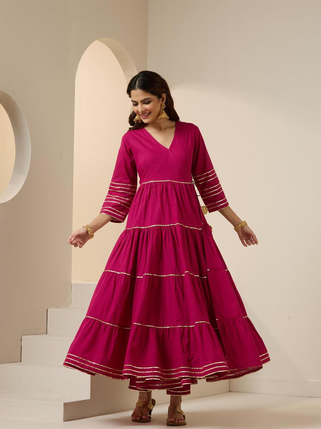 Gotta Patti Pure Cotton V-Neck Anarkali Kurta, Palazzos And Dupatta Set