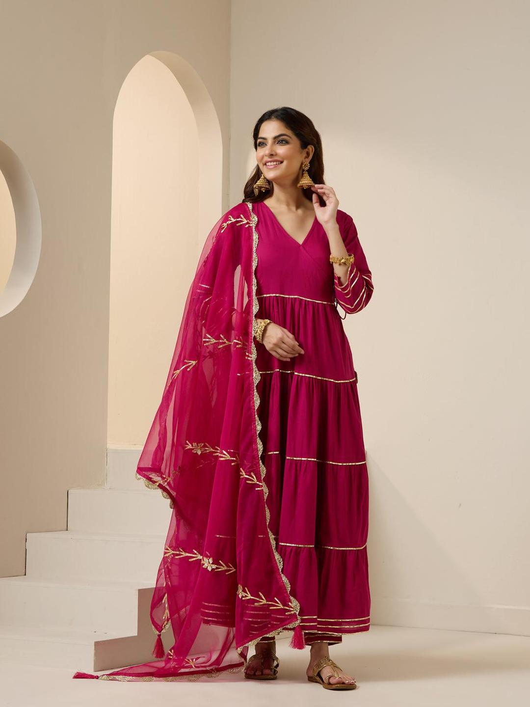Gotta Patti Pure Cotton V-Neck Anarkali Kurta, Palazzos And Dupatta Set