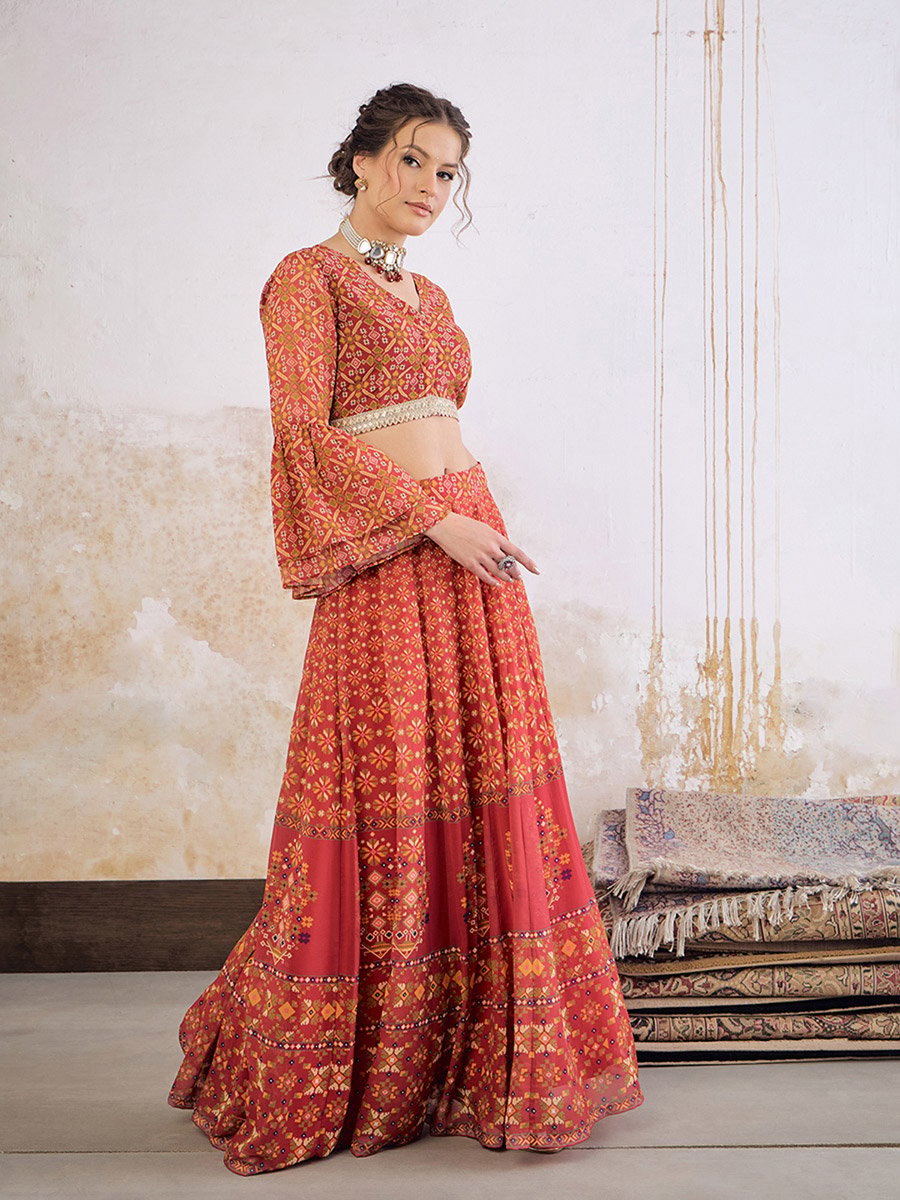 Floral Frill Sleeves Crop Top and Anarkali Skirt Co-Ords