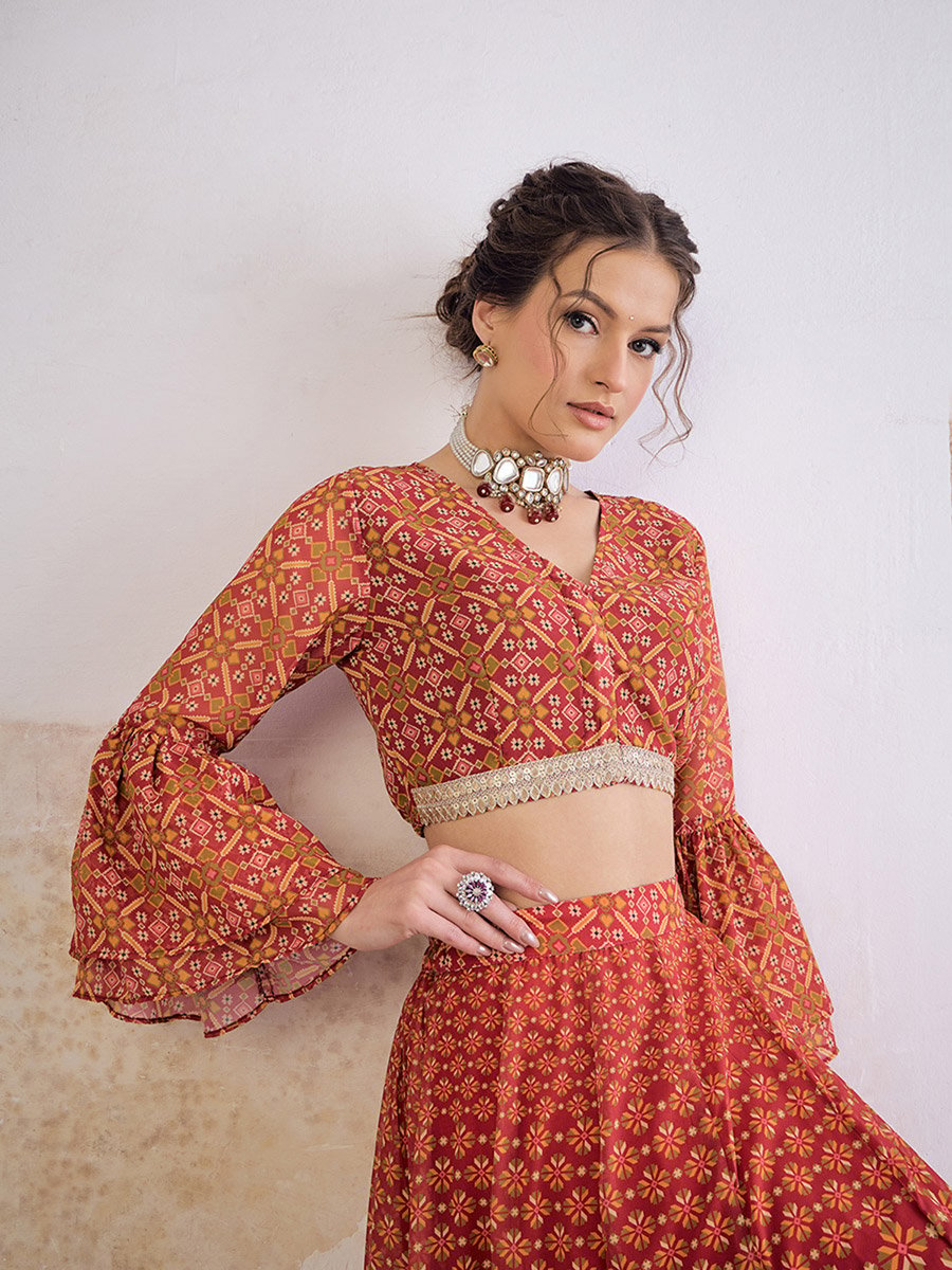 Floral Frill Sleeves Crop Top and Anarkali Skirt Co-Ords