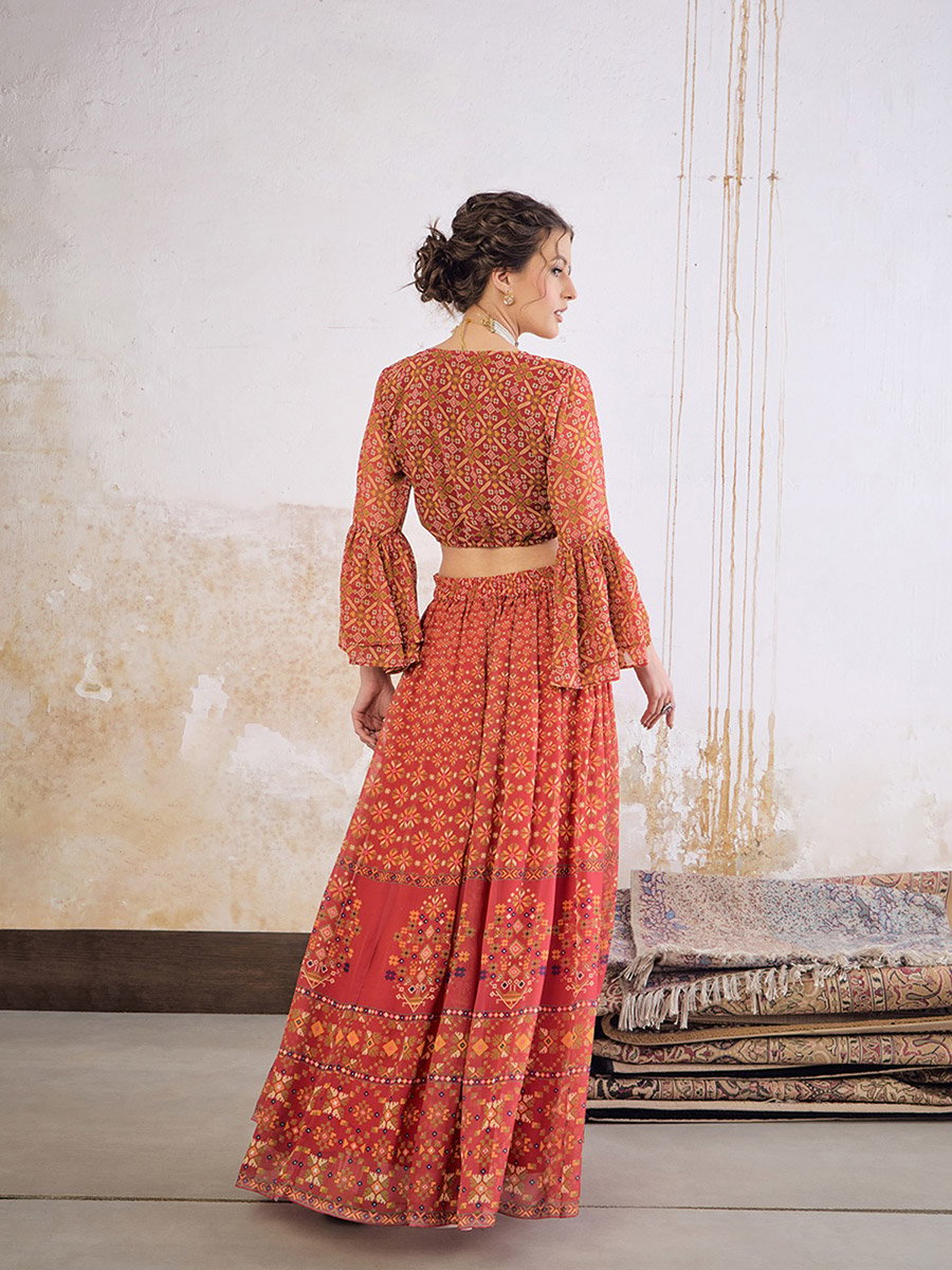 Floral Frill Sleeves Crop Top and Anarkali Skirt Co-Ords