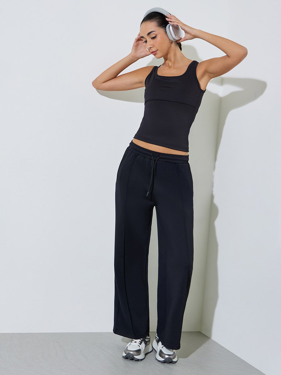 Black Scuba Wide Leg Joggers with Piping Detail