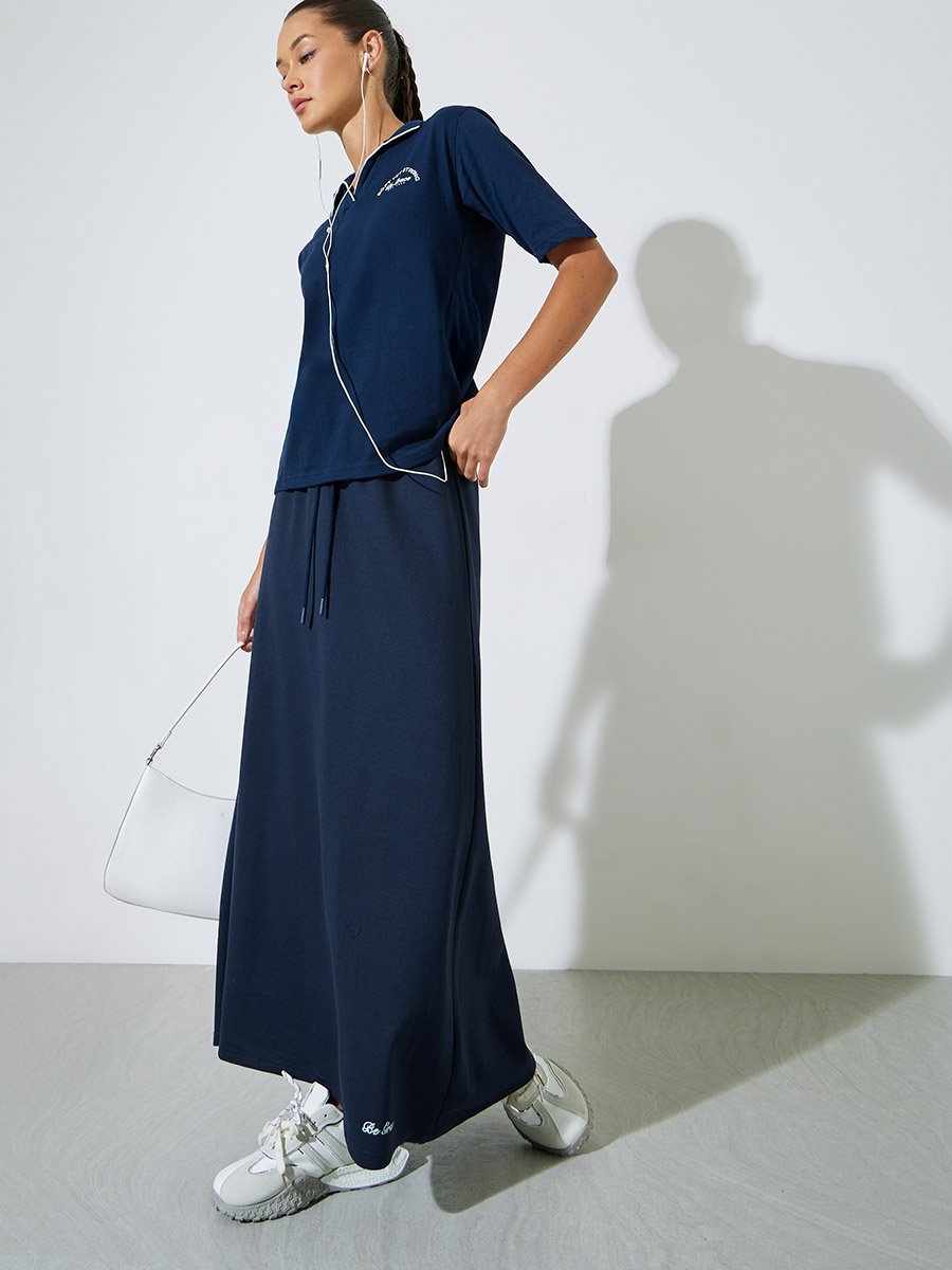 Navy Blue Slogan Print Knitted A-Line Maxi Skirt