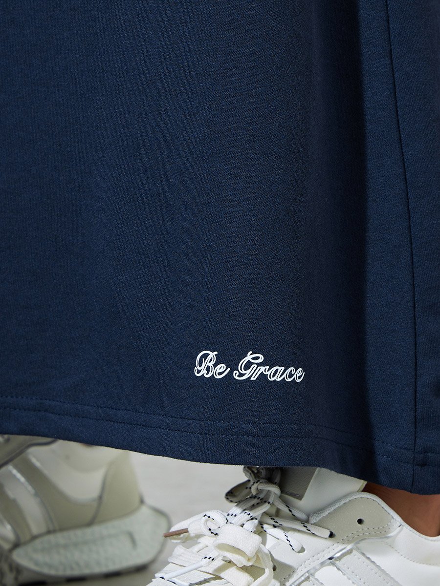 Navy Blue Slogan Print Knitted A-Line Maxi Skirt