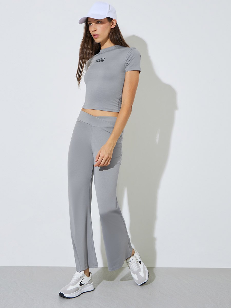 Grey Broad Waistband Flared Leggings