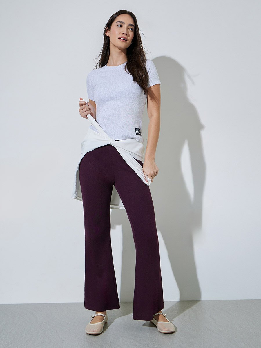 Purple Textured Ribbed Fit and Flare Leggings