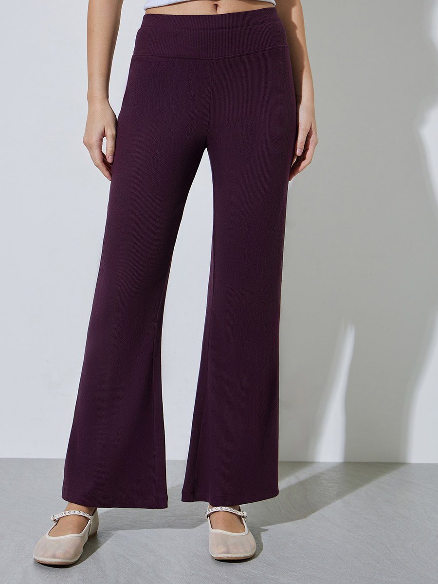 Purple Textured Ribbed Fit and Flare Leggings