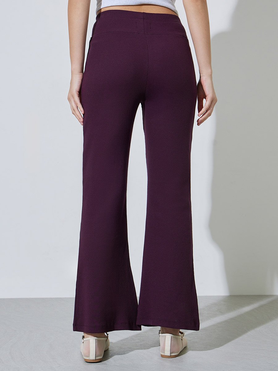 Purple Textured Ribbed Fit and Flare Leggings