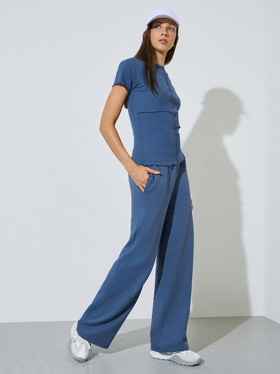 Blue Wide Leg Joggers with Side Pocket
