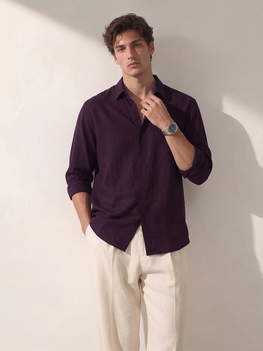 Men Burgundy Solid Regular Fit Oxford Shirt