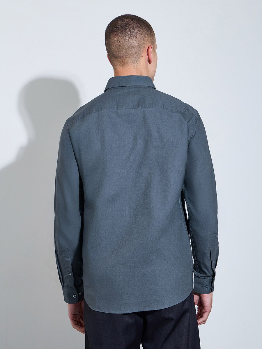 Men Grey Solid Regular Fit Oxford Shirt
