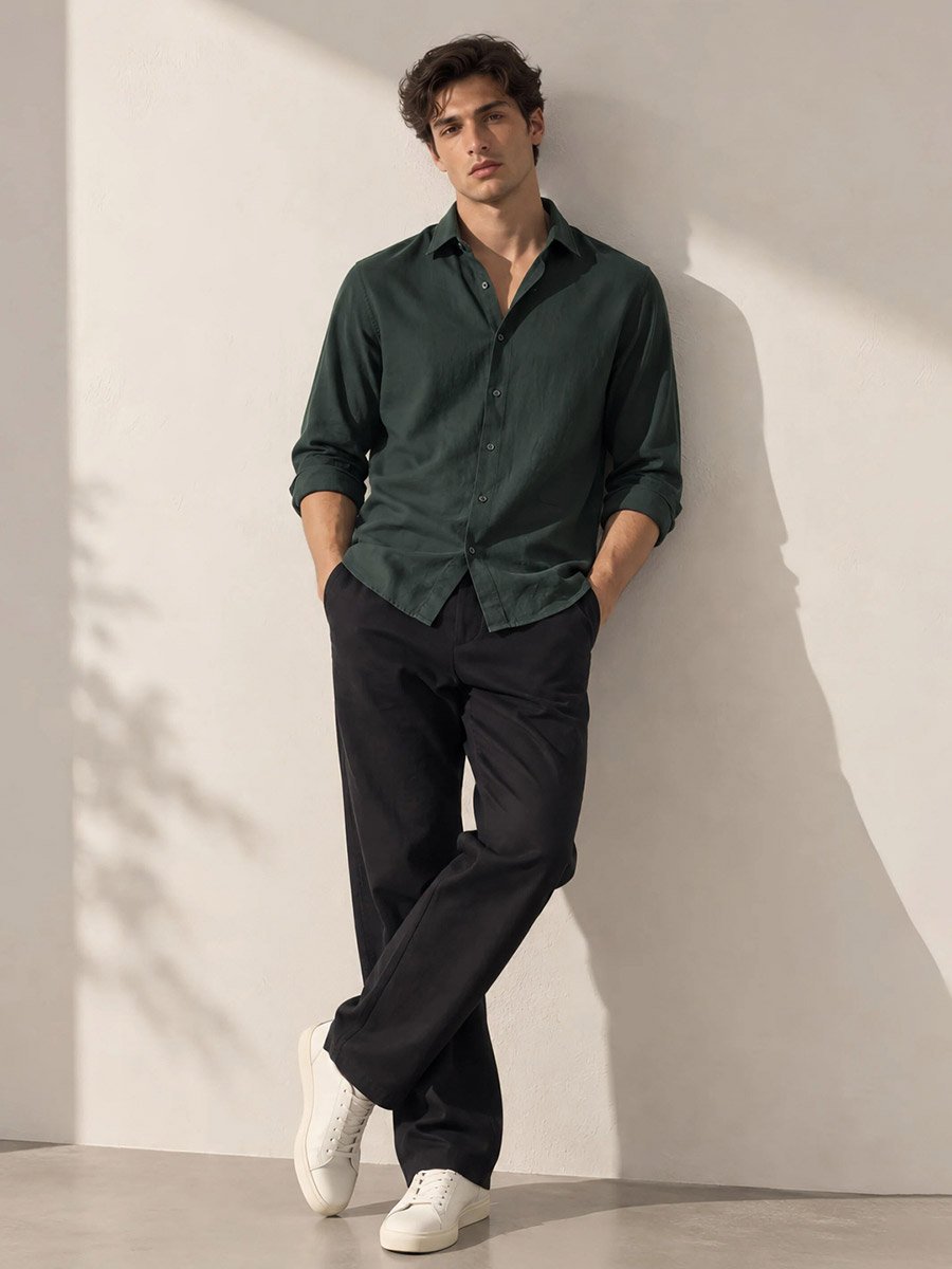 Men Olive Solid Regular Fit Oxford Shirt