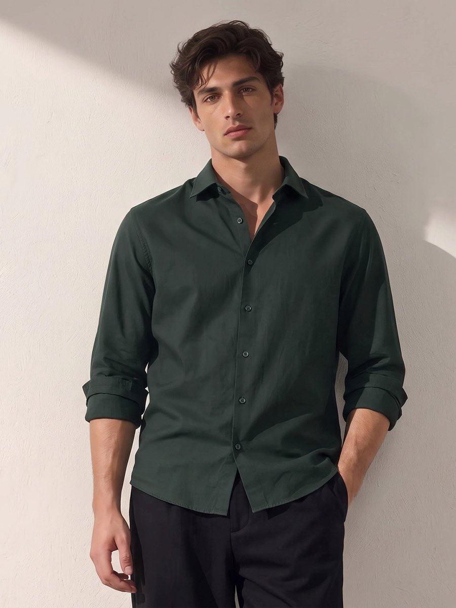 Men Olive Solid Regular Fit Oxford Shirt