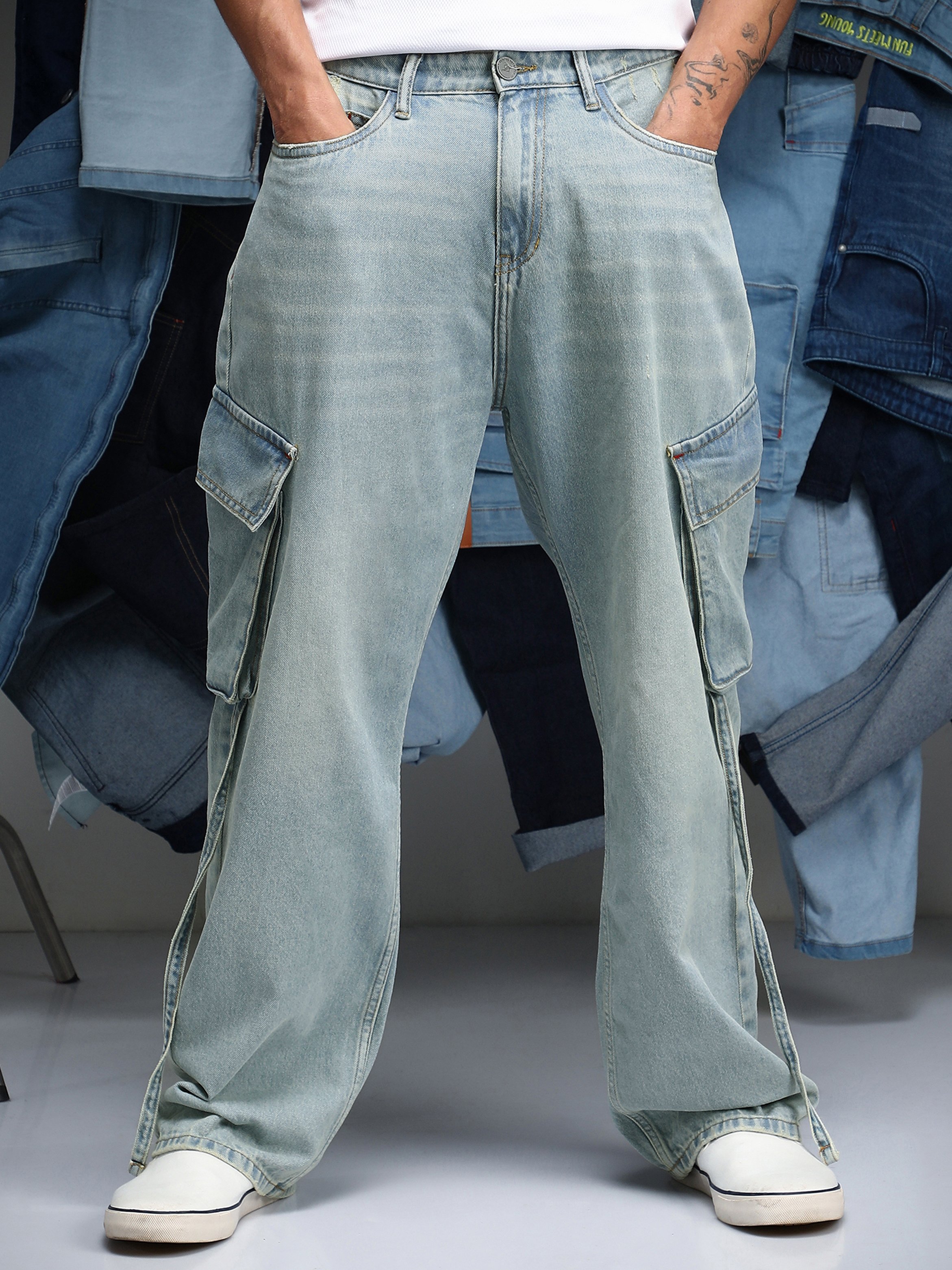 Men Light Blue Baggy Utility Jeans
