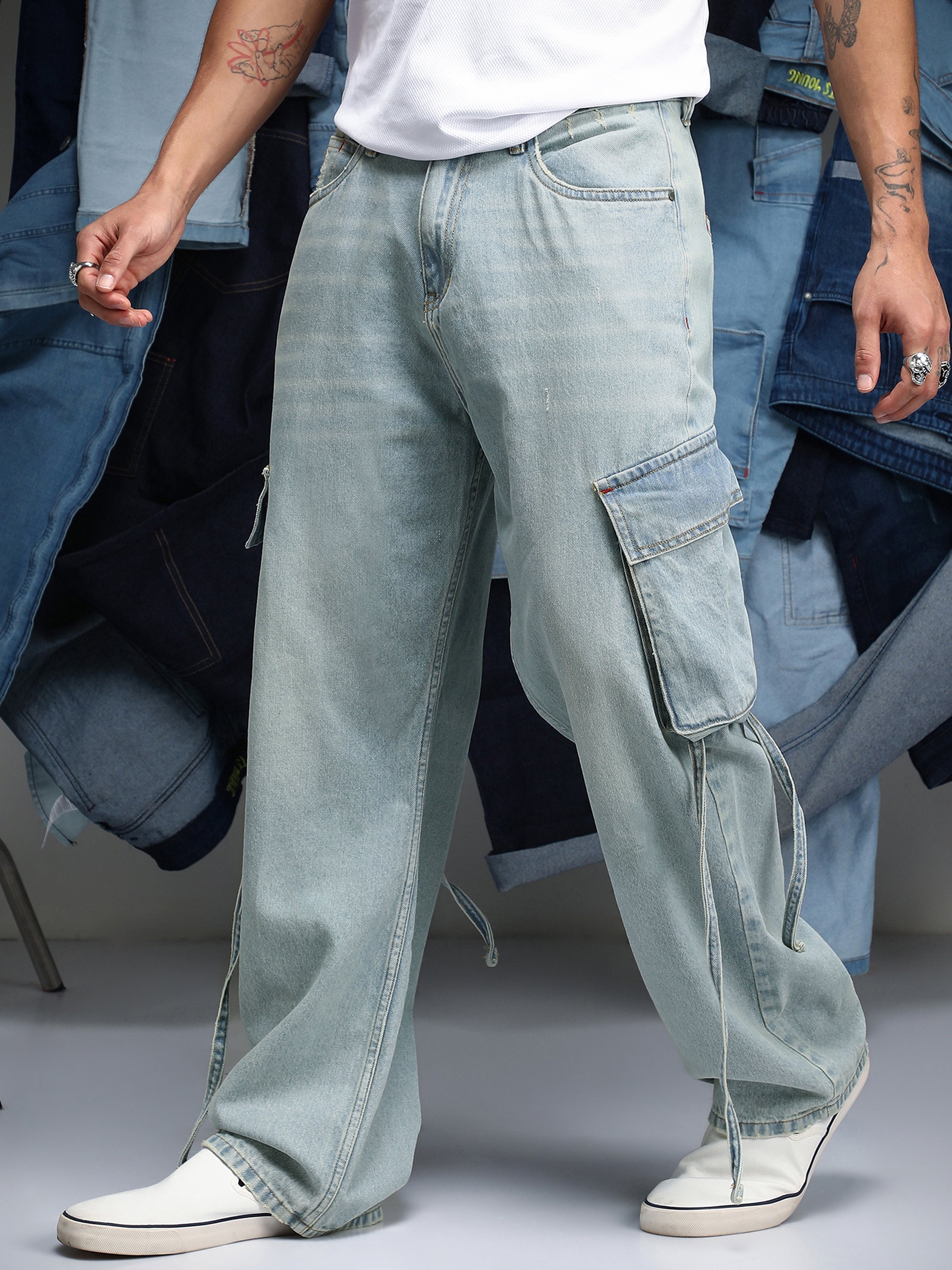 Men Light Blue Baggy Utility Jeans