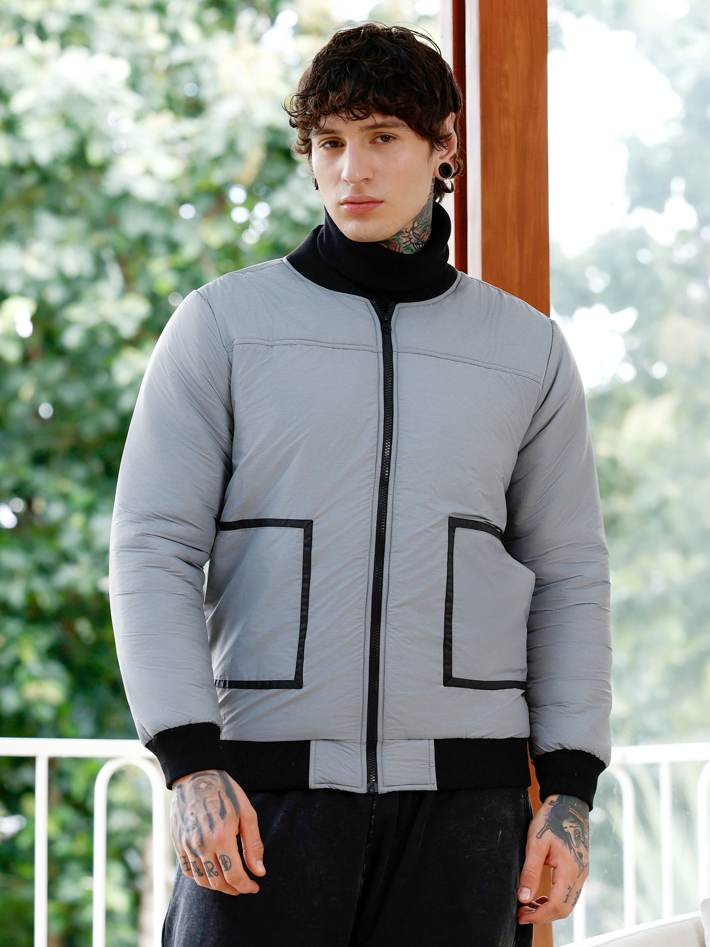 Men Grey Panelled Puffer-Bomber Jacket