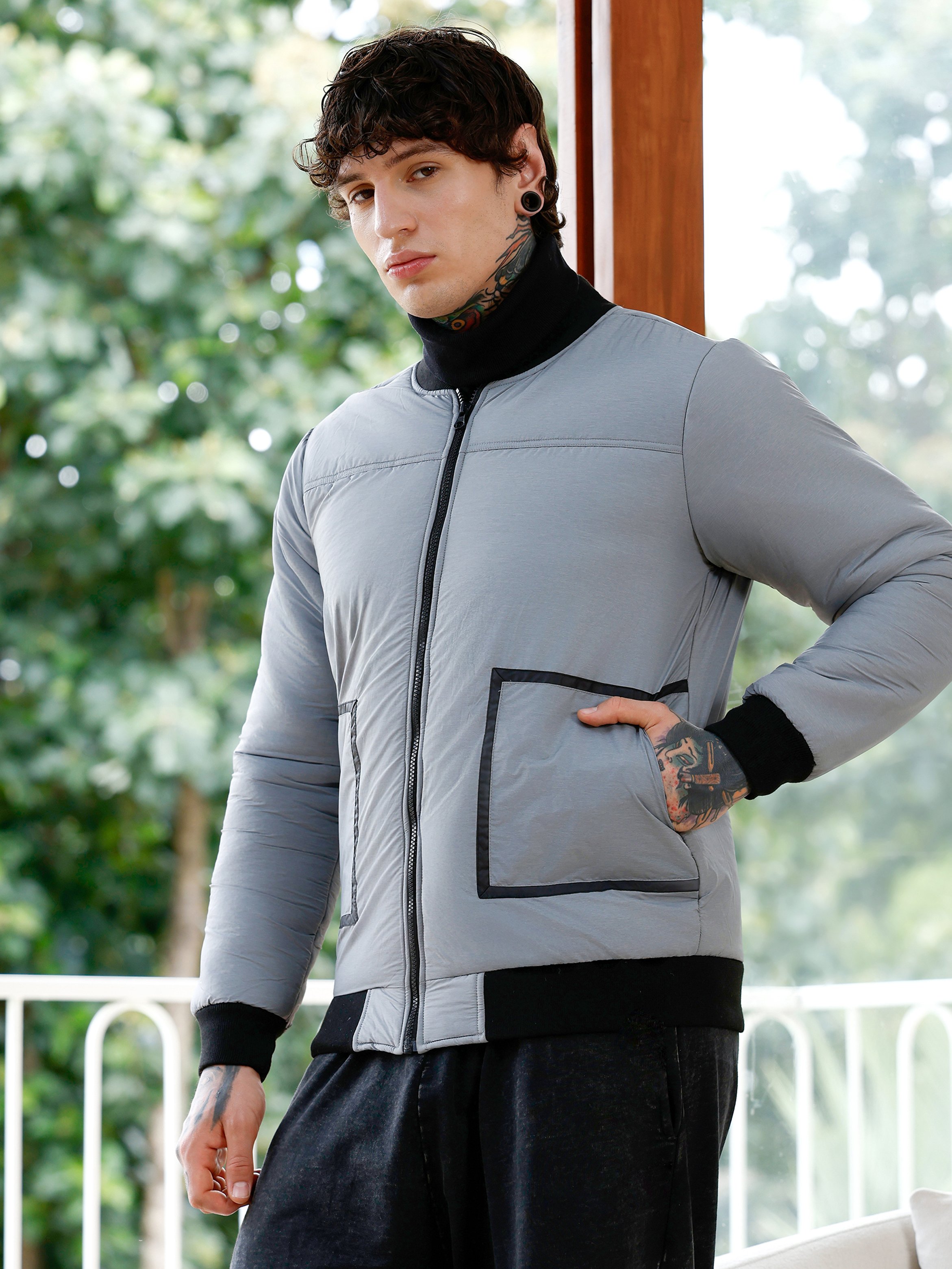 Men Grey Panelled Puffer-Bomber Jacket