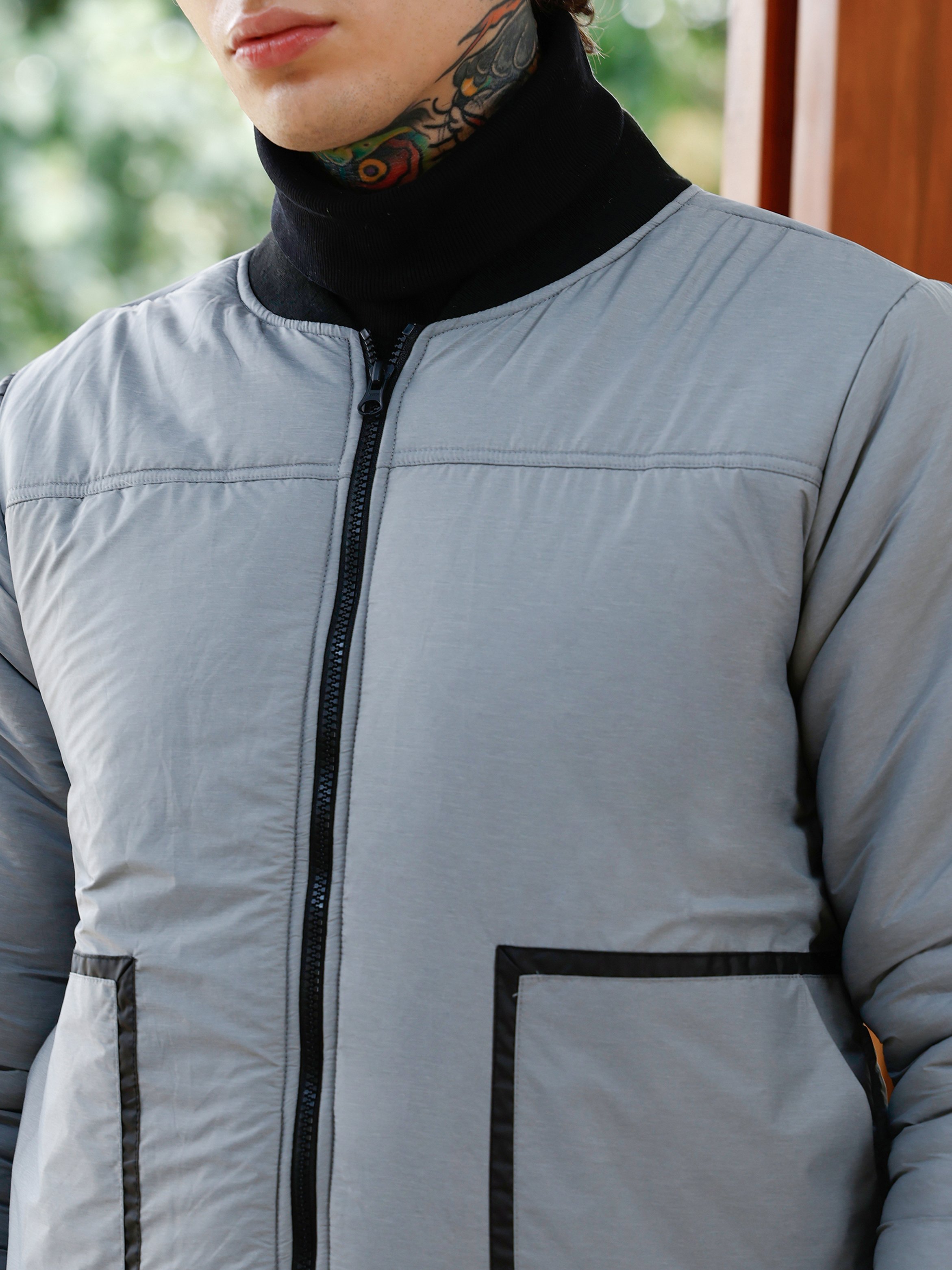 Men Grey Panelled Puffer-Bomber Jacket