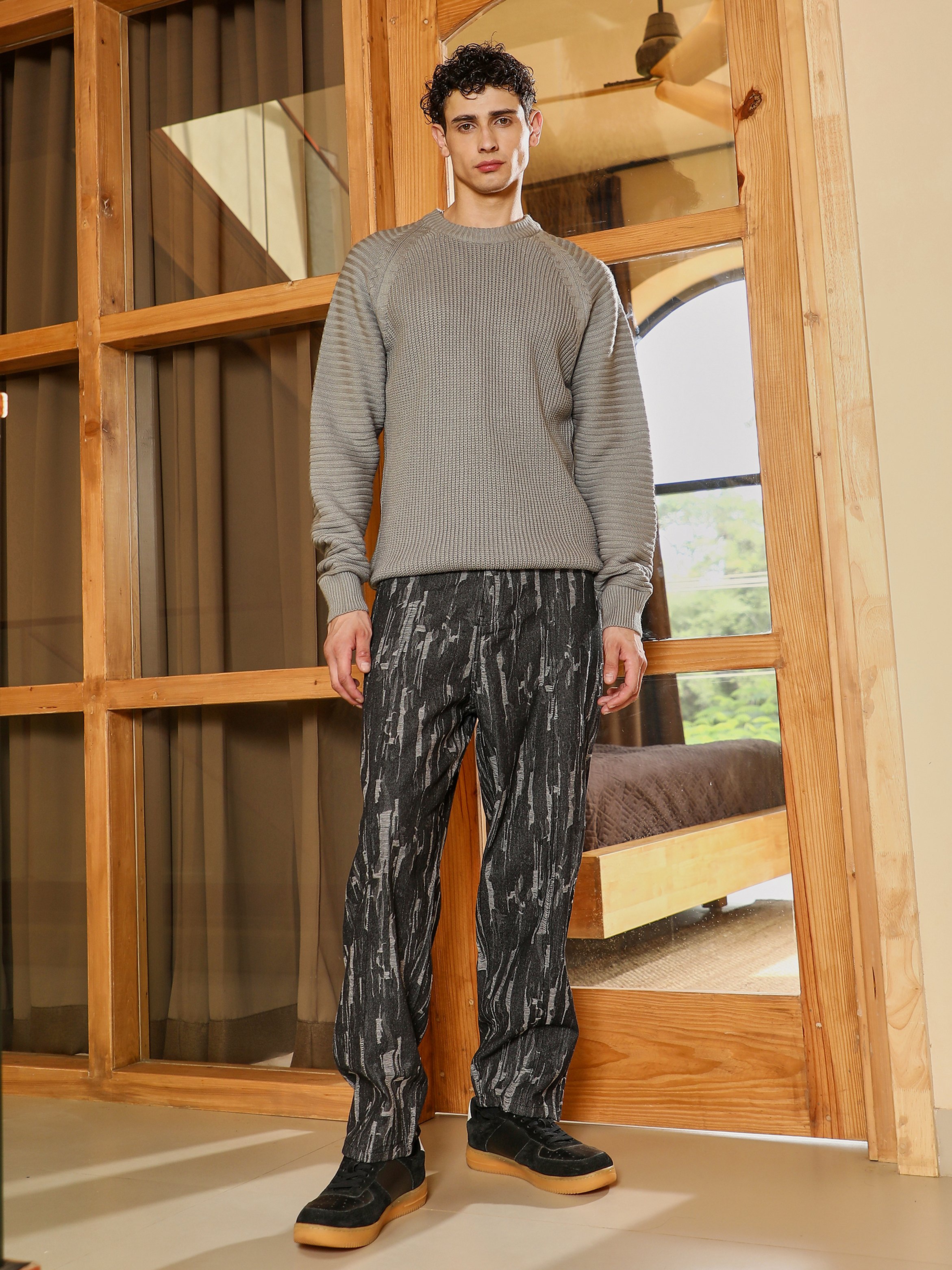 Men Grey Ribbed-Jacquard Knitted Sweater