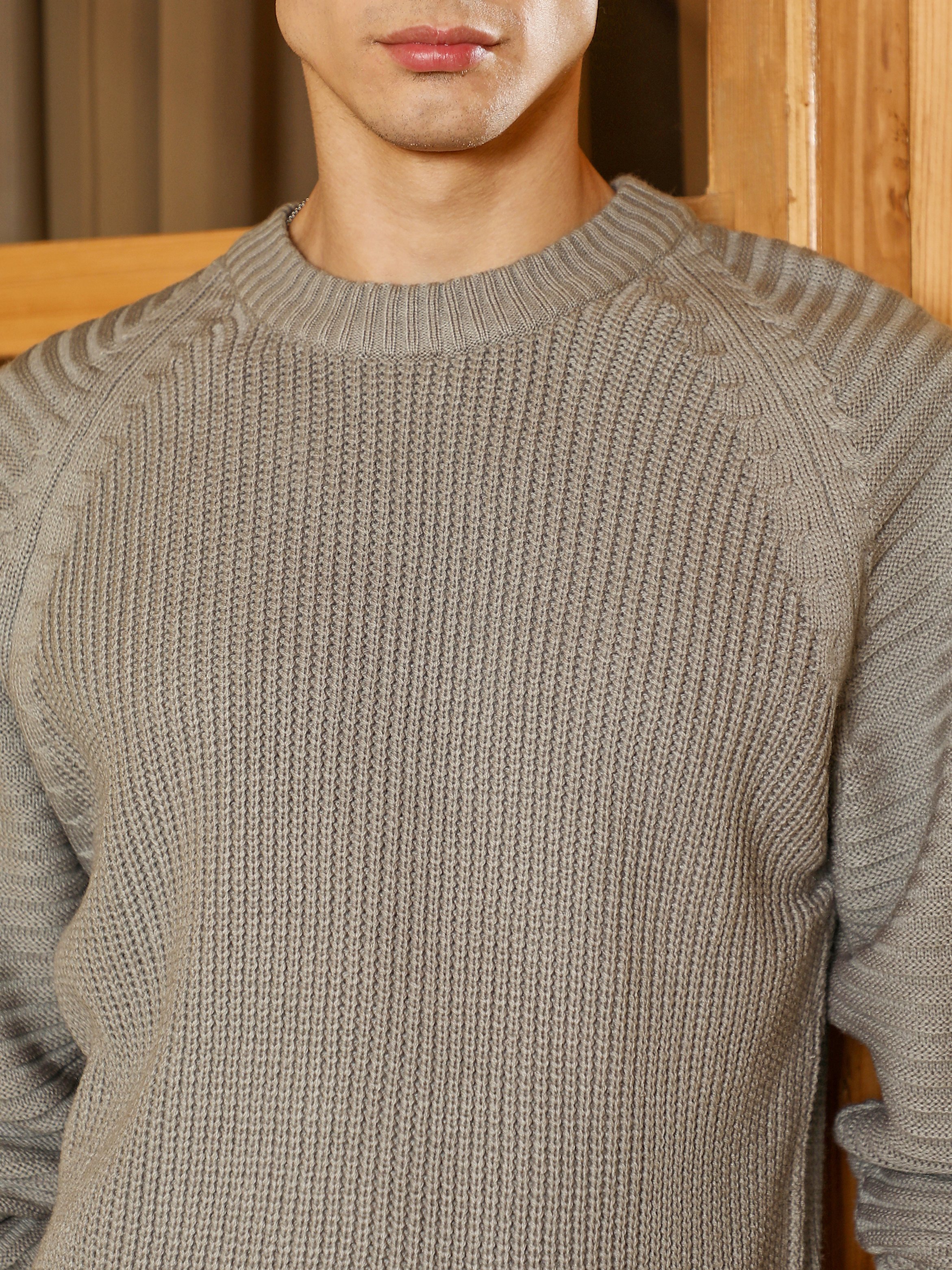 Men Grey Ribbed-Jacquard Knitted Sweater
