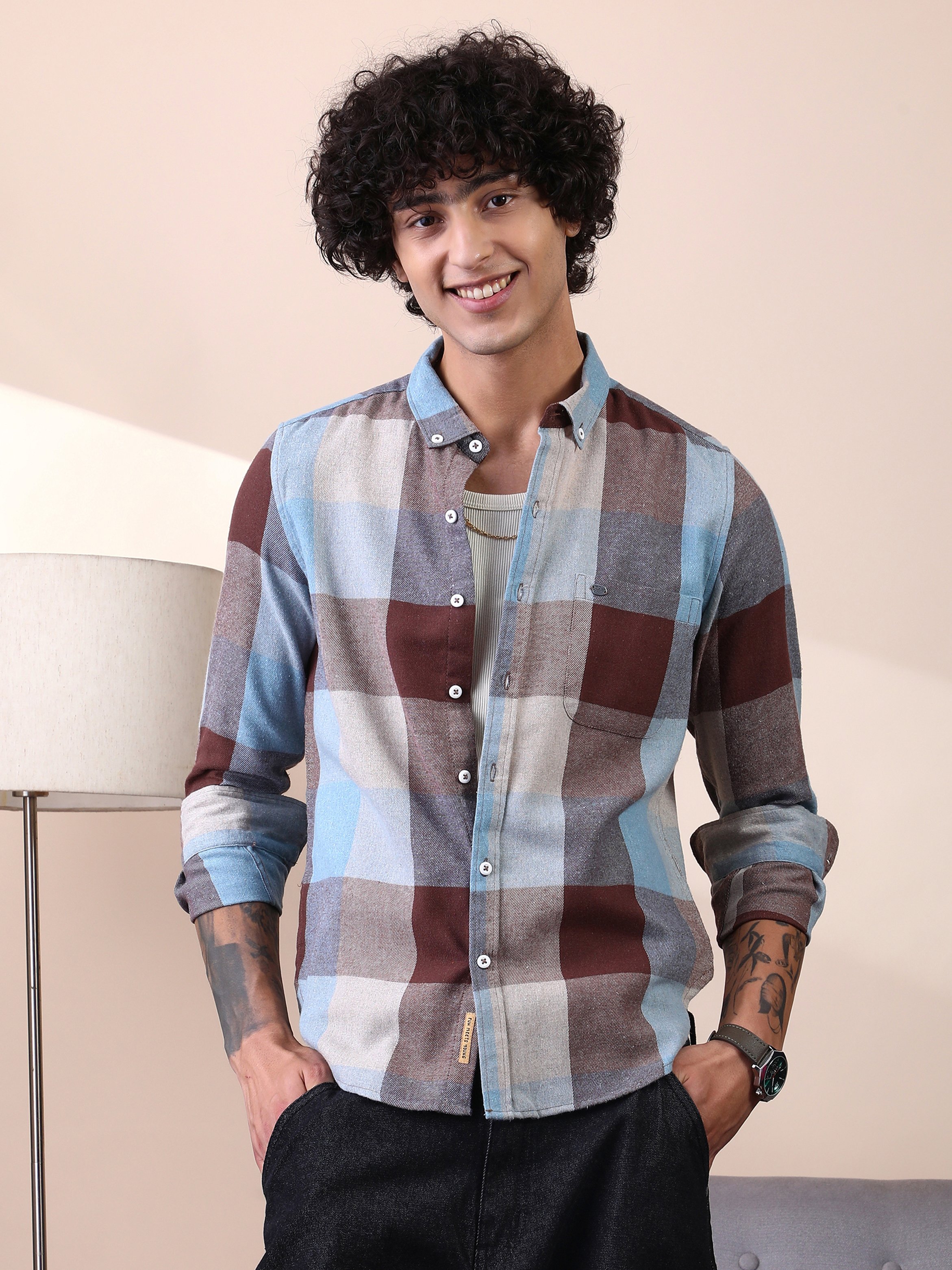 Men Chocolate Brown Powder Buffalo-Block Regular Shirt