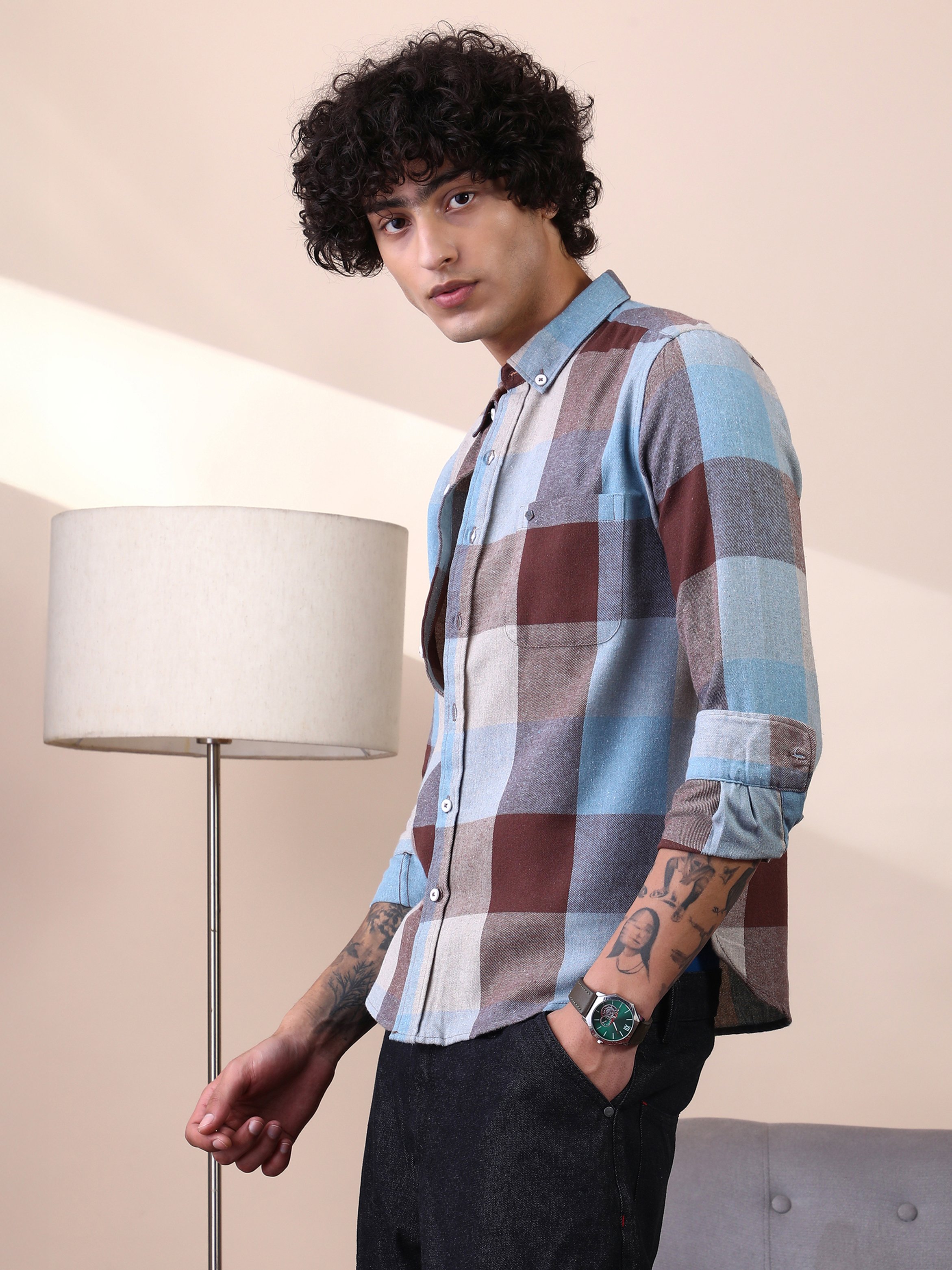 Men Chocolate Brown Powder Buffalo-Block Regular Shirt