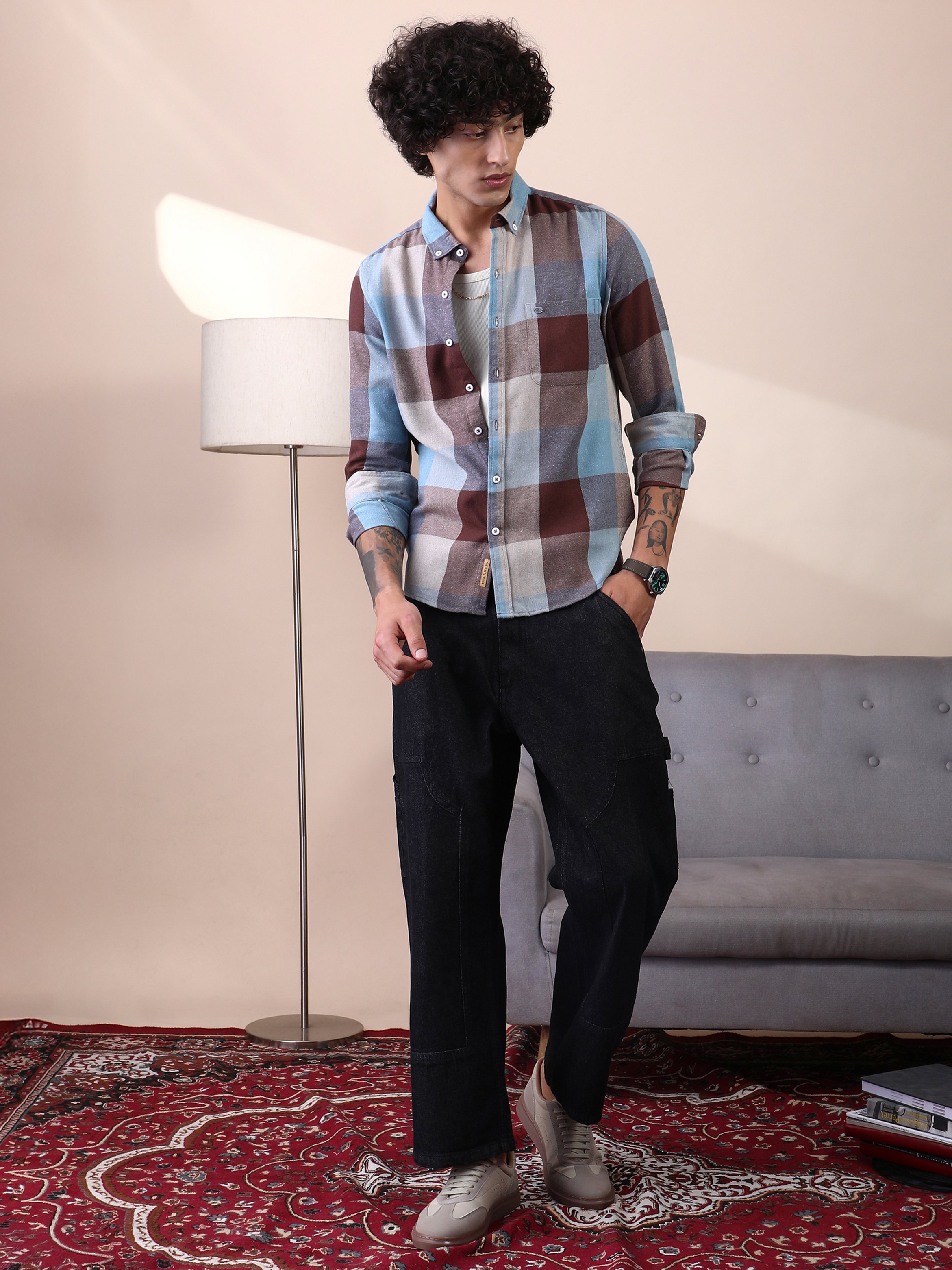 Men Chocolate Brown Powder Buffalo-Block Regular Shirt