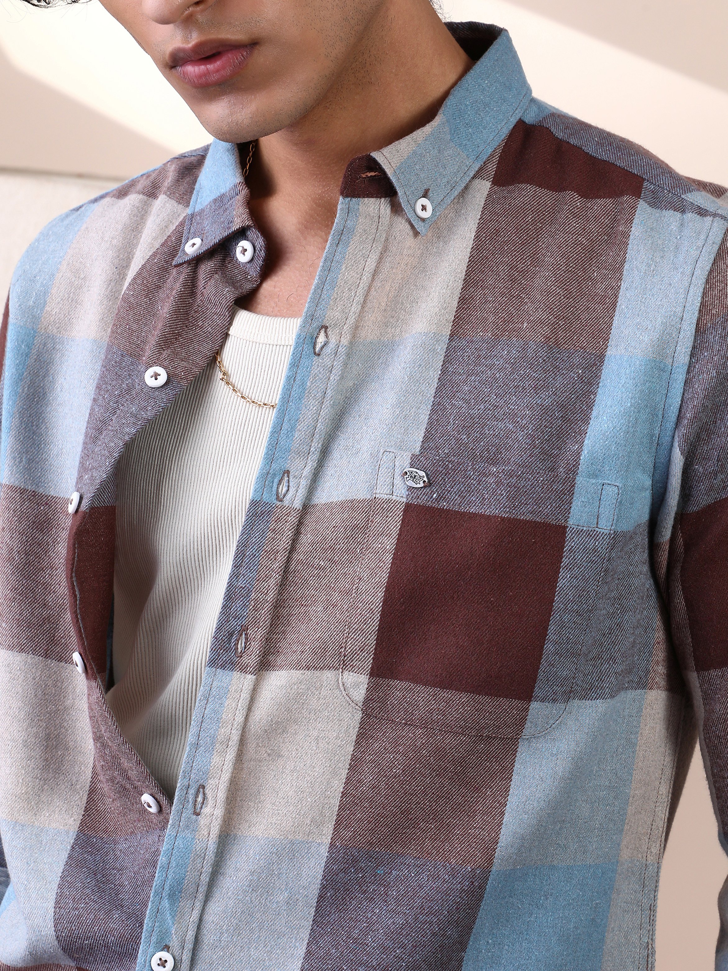 Men Chocolate Brown Powder Buffalo-Block Regular Shirt