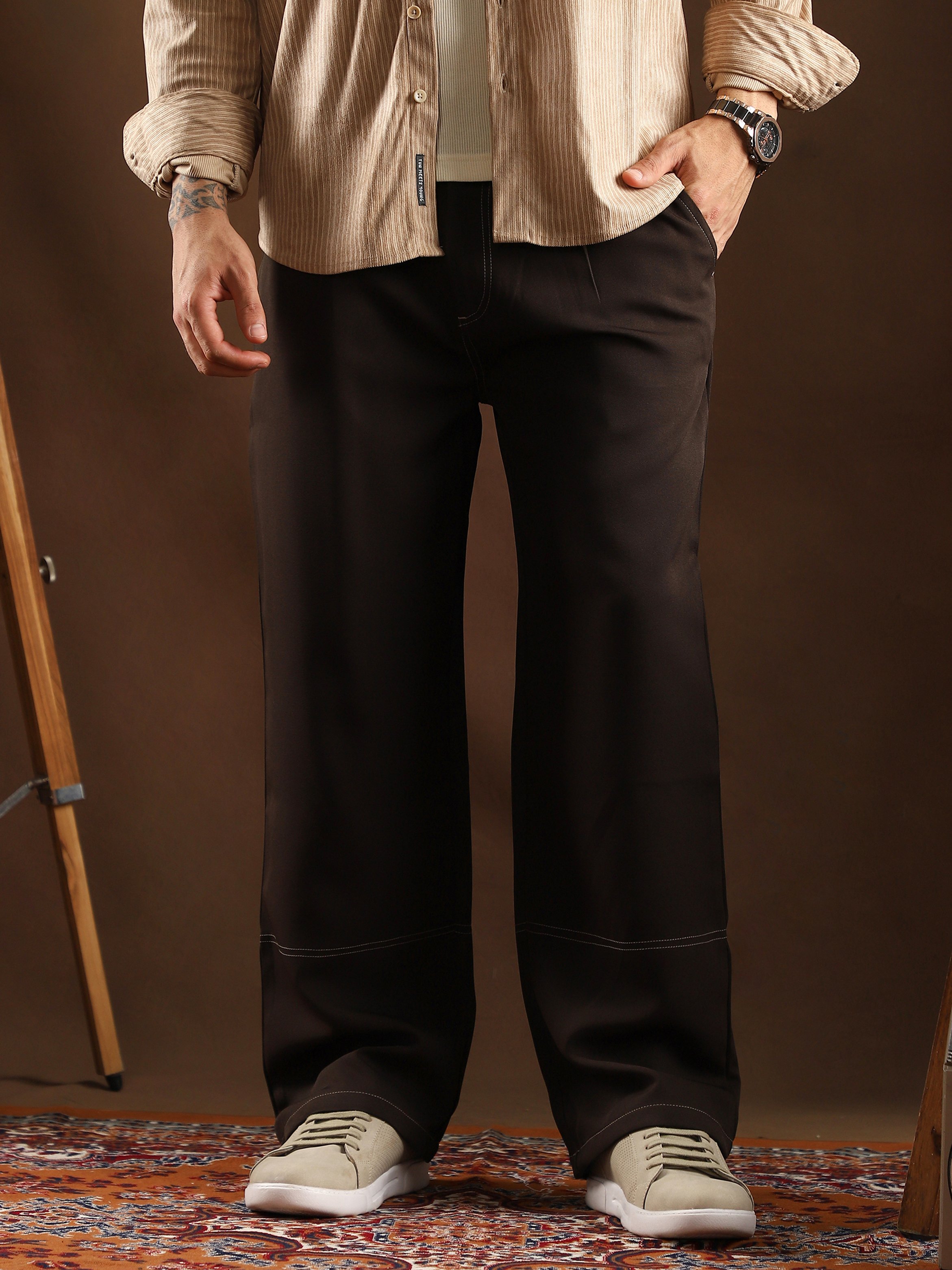 Men Coffee Brown Contrast-Stitch Straight Trousers