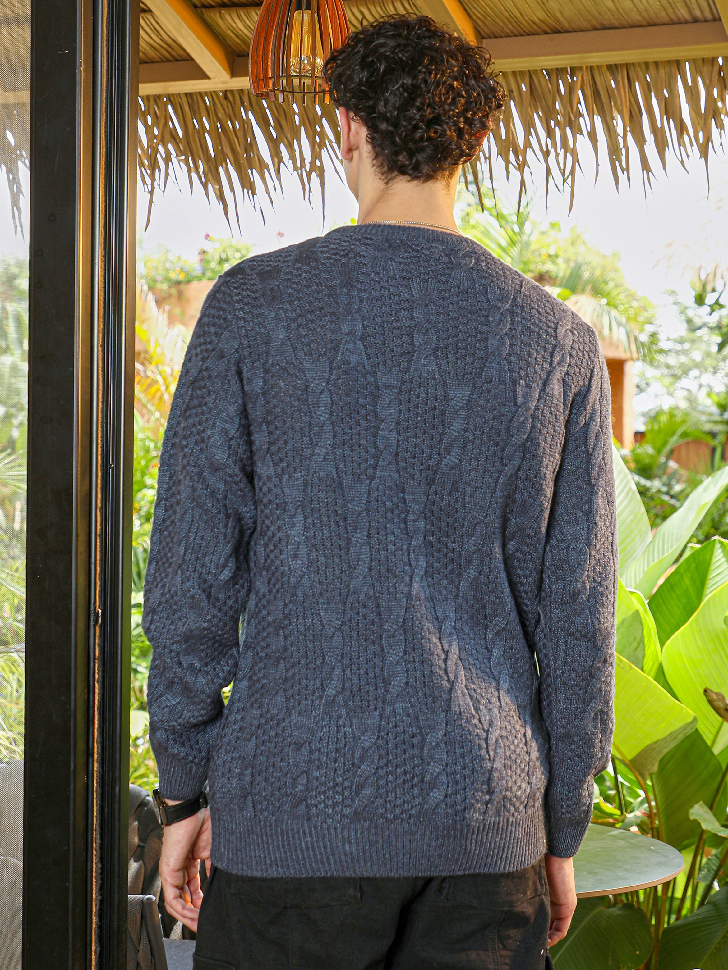 Men Blue Rope-Jacquard Knit Textured Sweater
